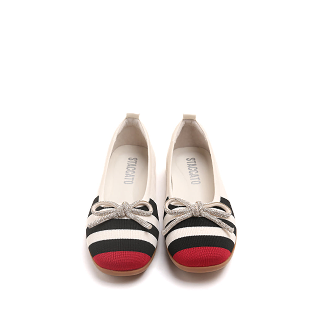 Striped Bow Flat with Red Toe