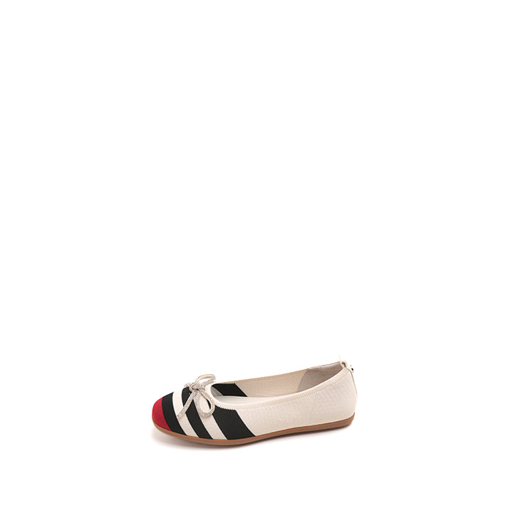Striped Bow Flat with Red Toe