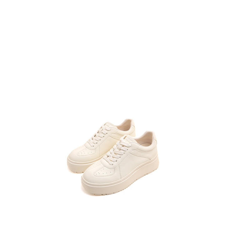 Beige Leather Lace Up Simple Flatform Sneakers