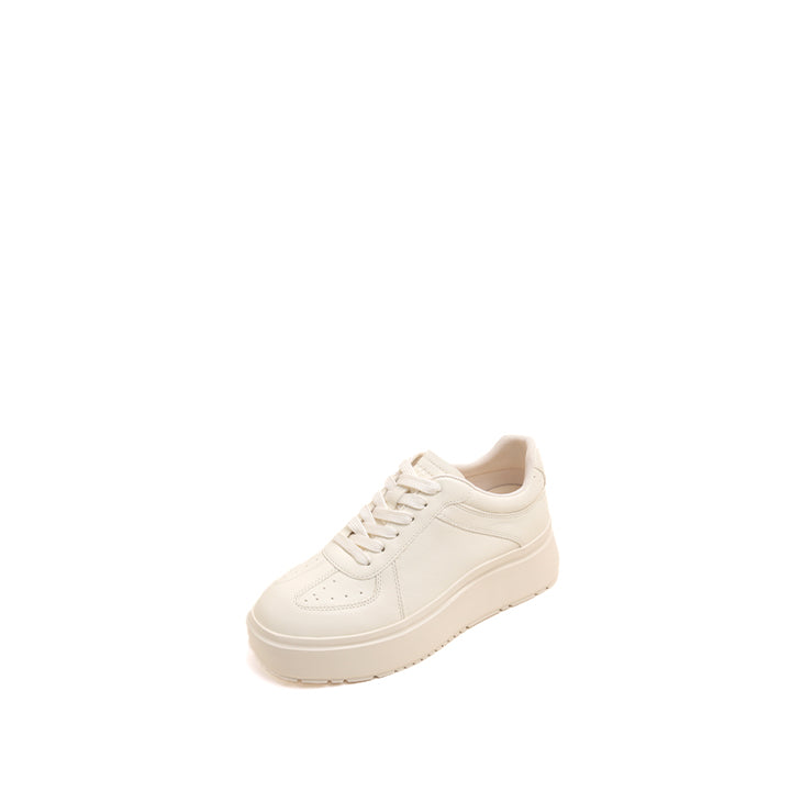 Beige Leather Lace Up Simple Flatform Sneakers