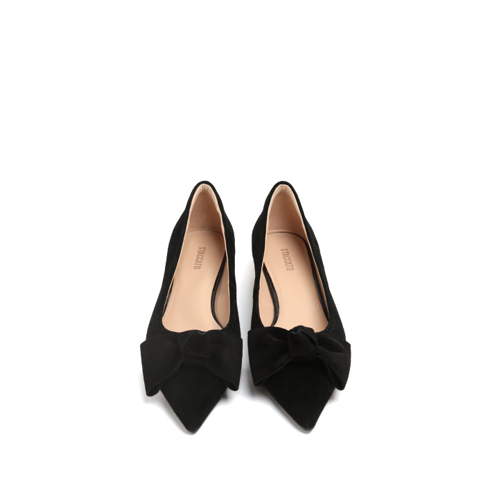 Black Suede Bow Pointed Heeled Pumps