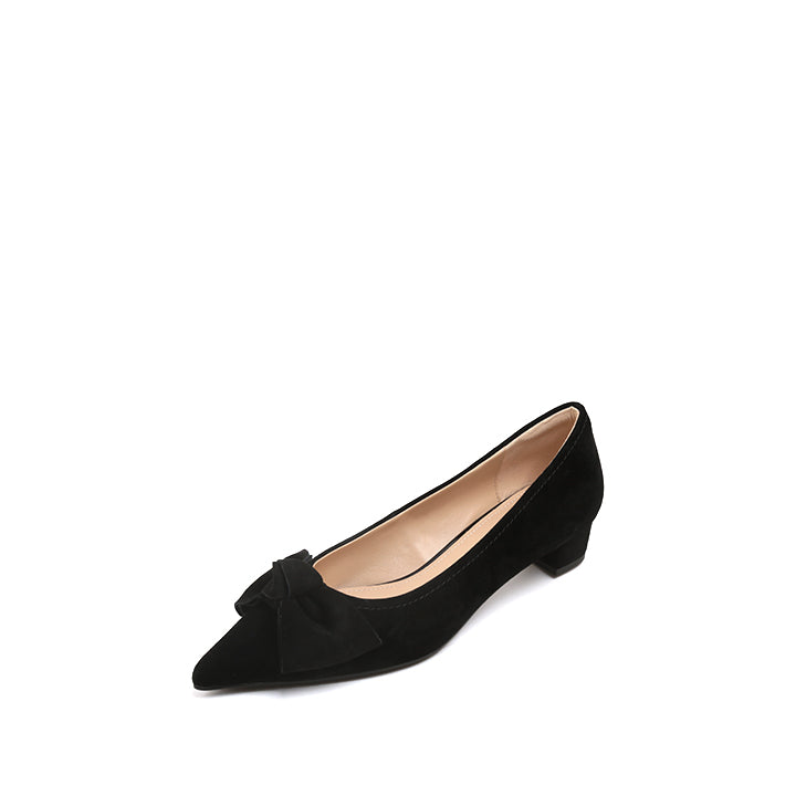 Black Suede Bow Pointed Heeled Pumps