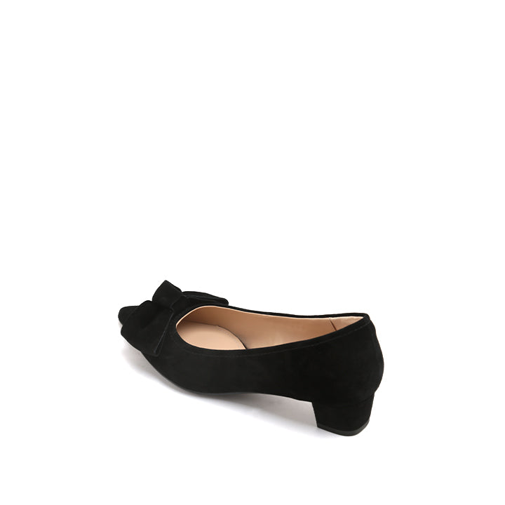 Black Suede Bow Pointed Heeled Pumps