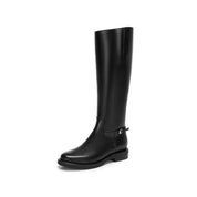 Black Leather Buckled Riding Boots Knee-High