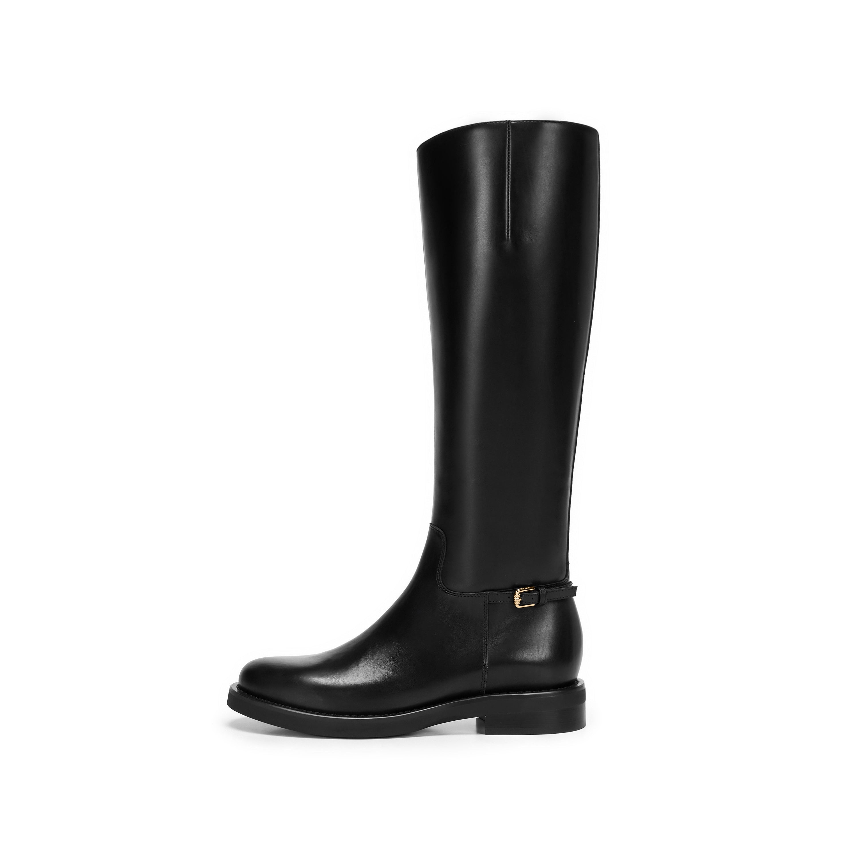 Black Leather Buckled Riding Boots Knee-High