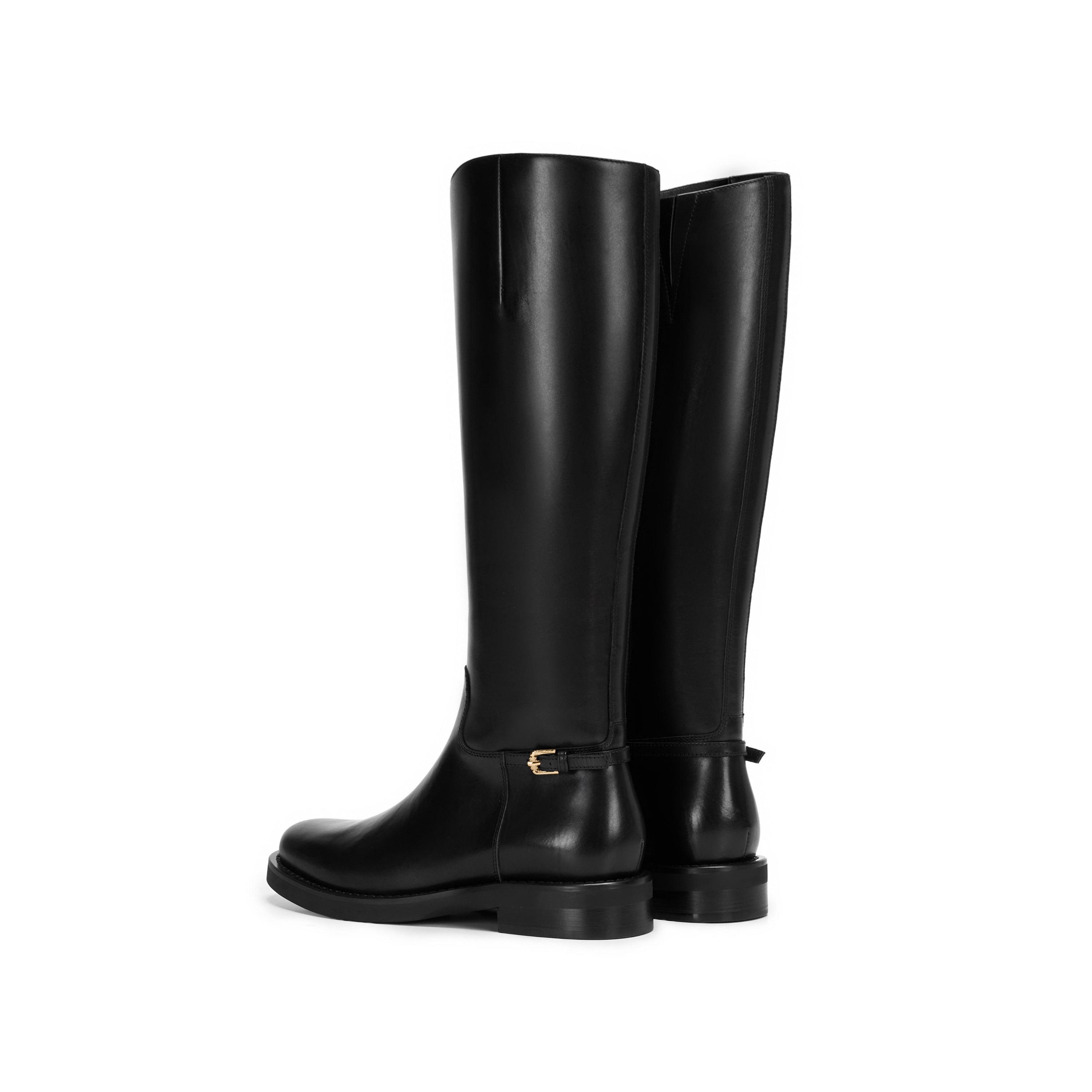 Black Leather Buckled Riding Boots Knee-High