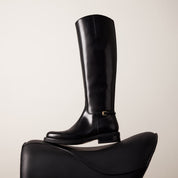 Black Leather Buckled Riding Boots Knee-High