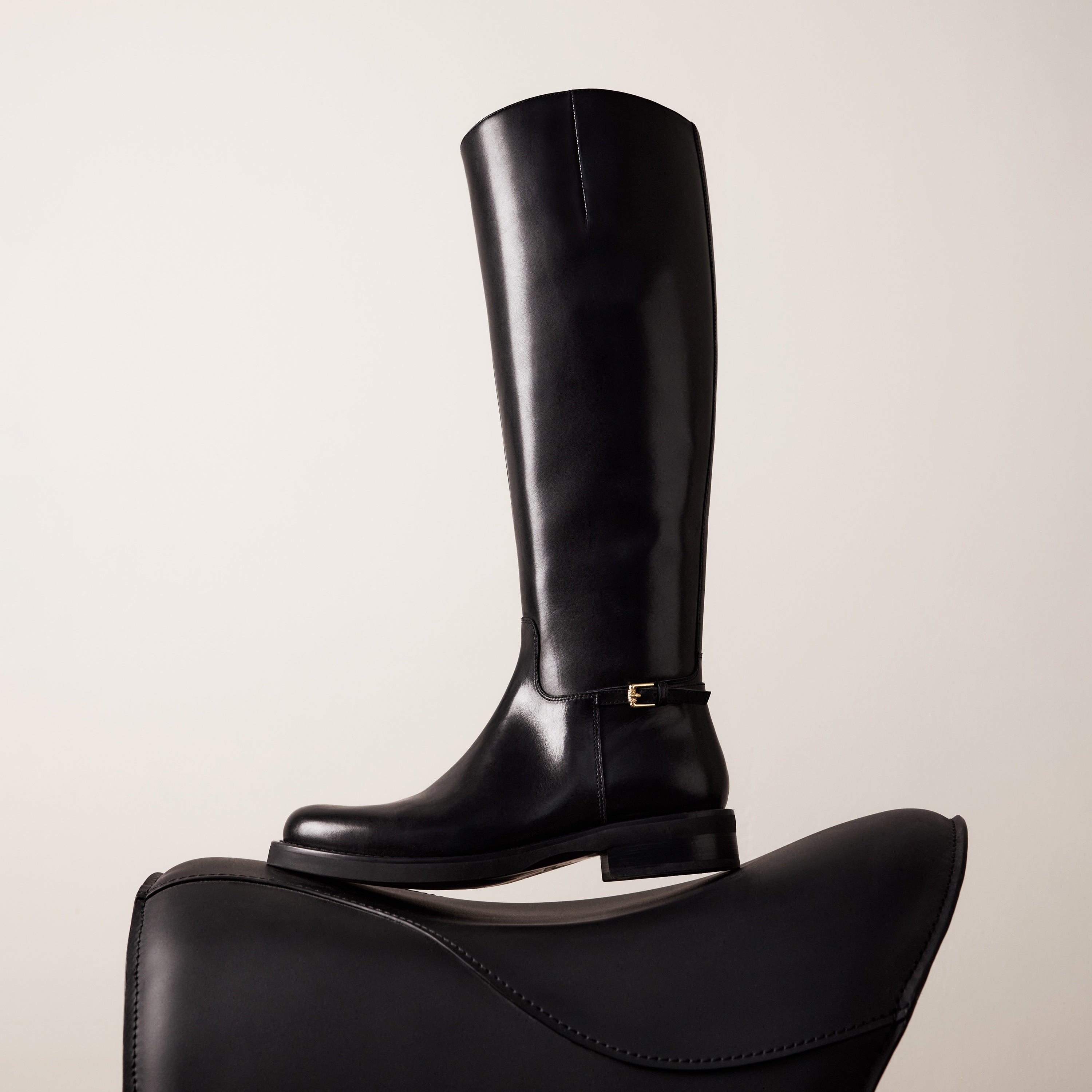 Black Leather Buckled Riding Boots Knee-High
