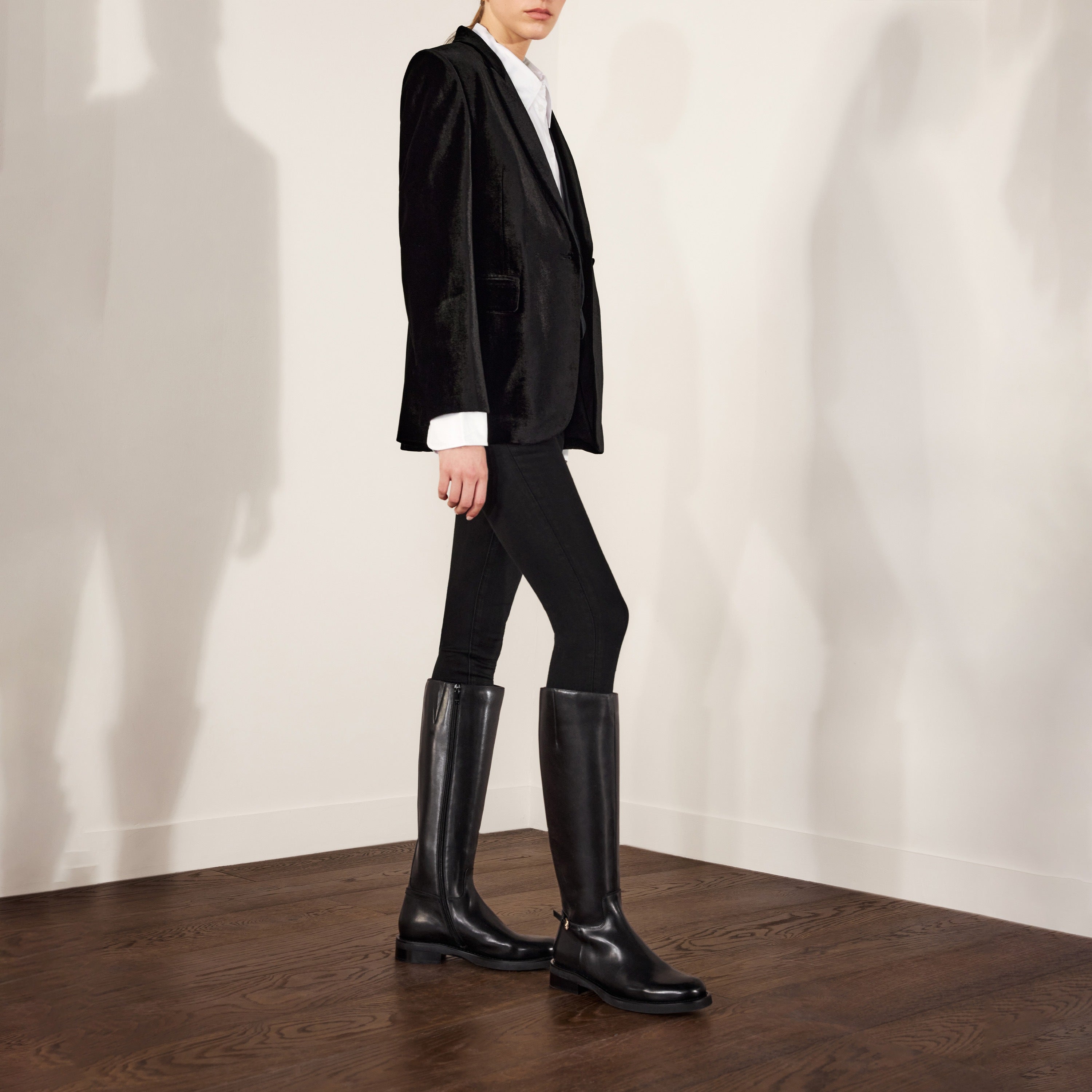 Black Leather Buckled Riding Boots Knee-High