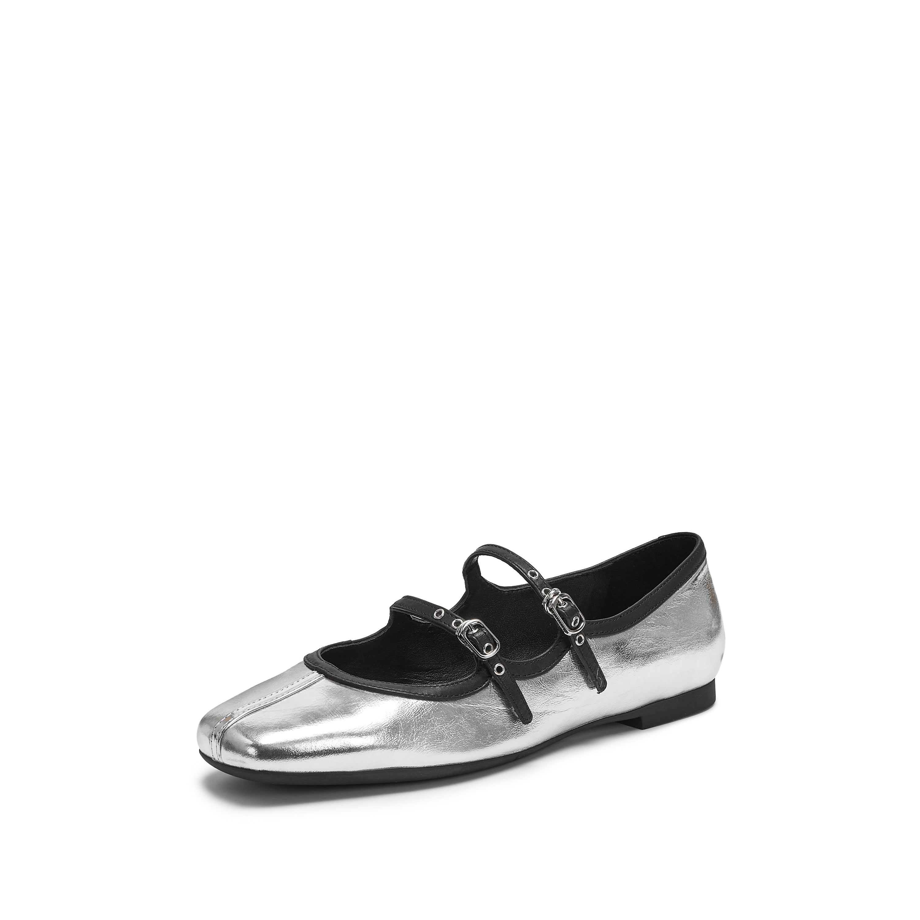 Silver Double Strap Mary Jane Ballet Flats