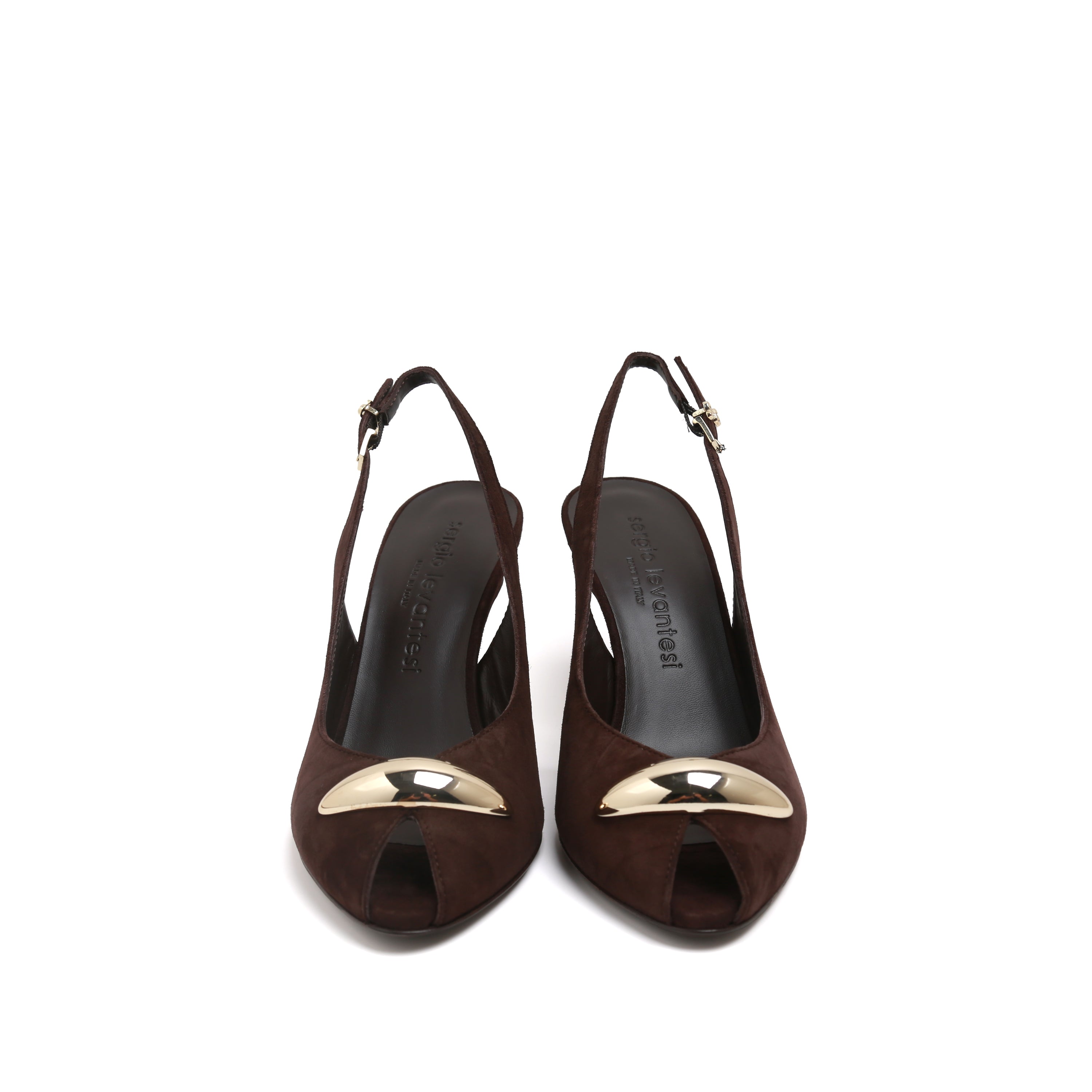 Brown Suede Metal Toe Peep-Toe Slingback Heels