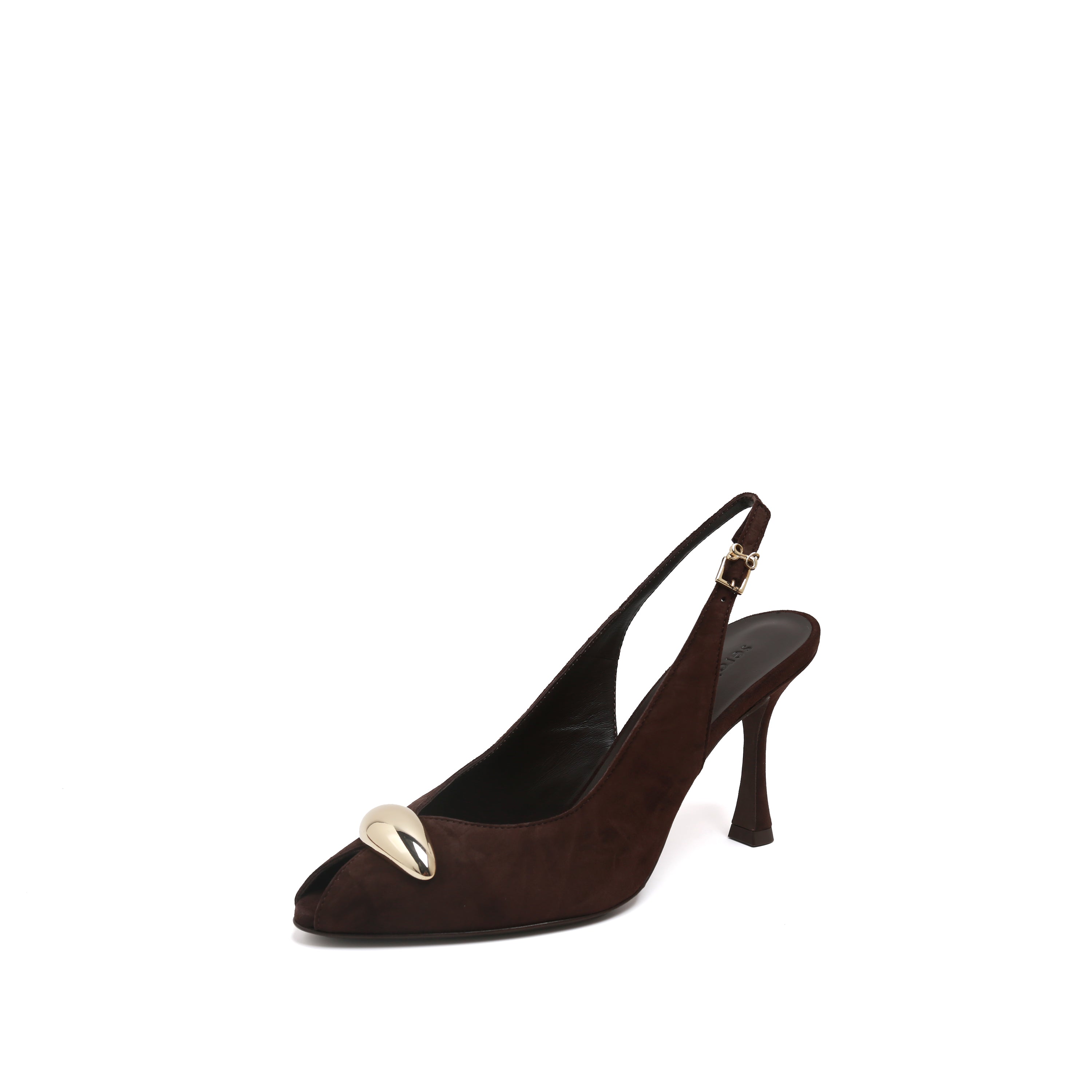 Brown Suede Metal Toe Peep-Toe Slingback Heels