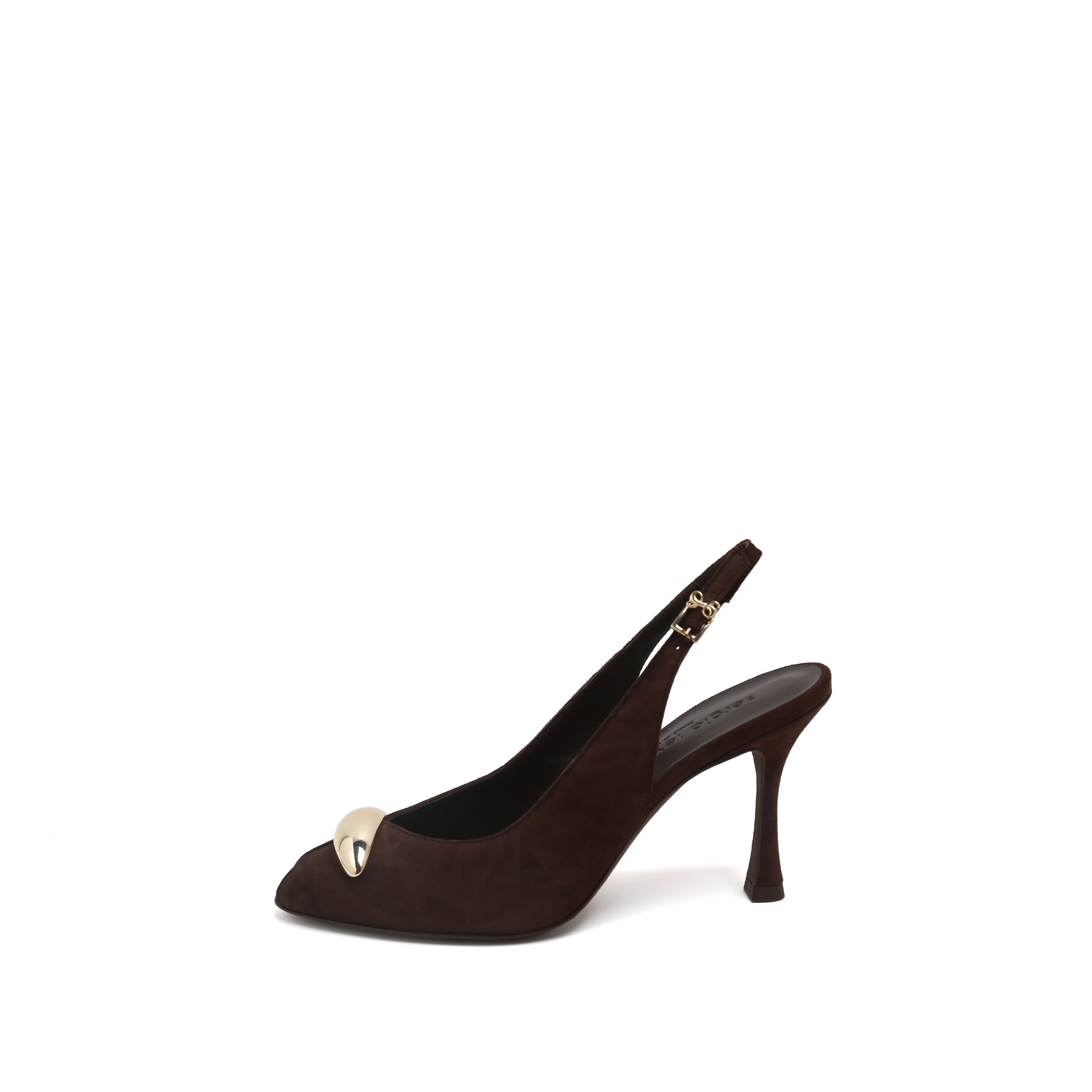Brown Suede Metal Toe Peep-Toe Slingback Heels