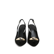 Black Suede Metal Toe Peep-Toe Slingback Heels