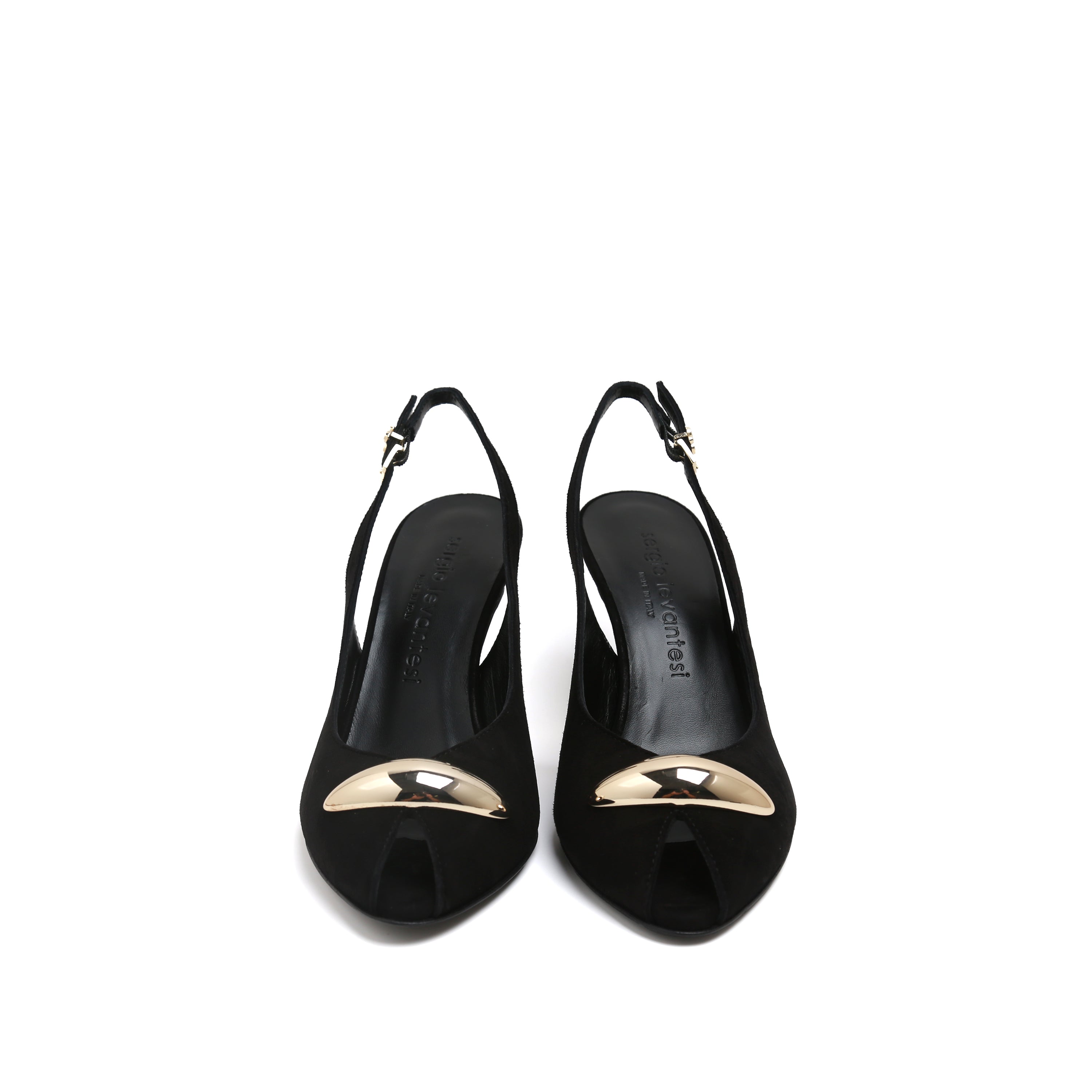Black Suede Metal Toe Peep-Toe Slingback Heels
