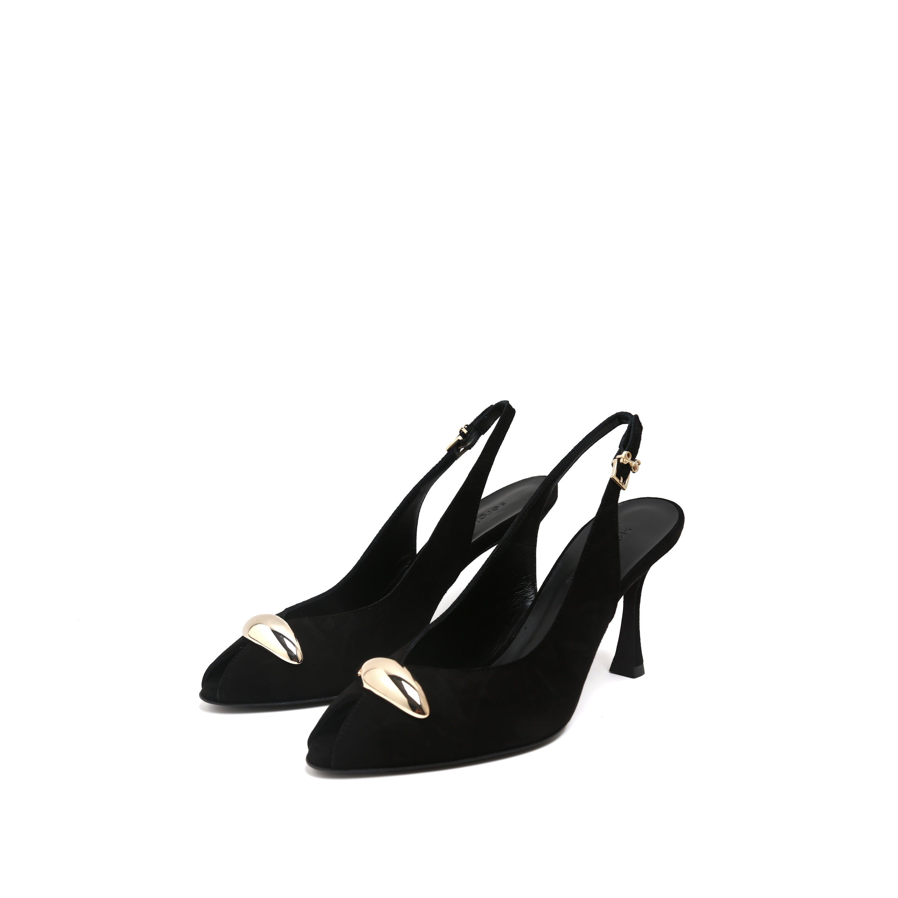 Black Suede Metal Toe Peep-Toe Slingback Heels