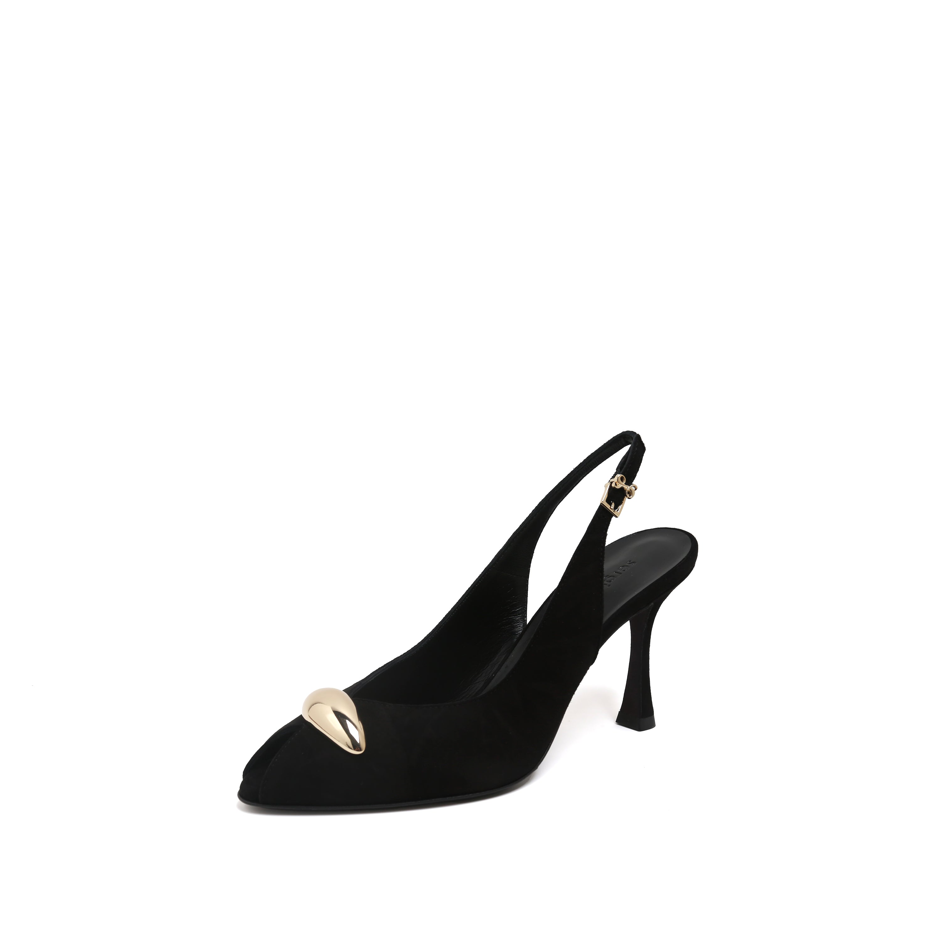 Black Suede Metal Toe Peep-Toe Slingback Heels