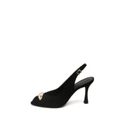 Black Suede Metal Toe Peep-Toe Slingback Heels