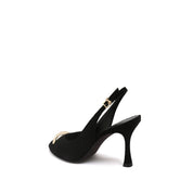 Black Suede Metal Toe Peep-Toe Slingback Heels