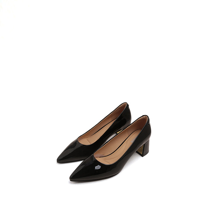 Black Patent Pointed-toe Block Heeled Pumps