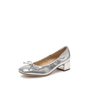 Silvery Bow Leather Ballerina Pumps