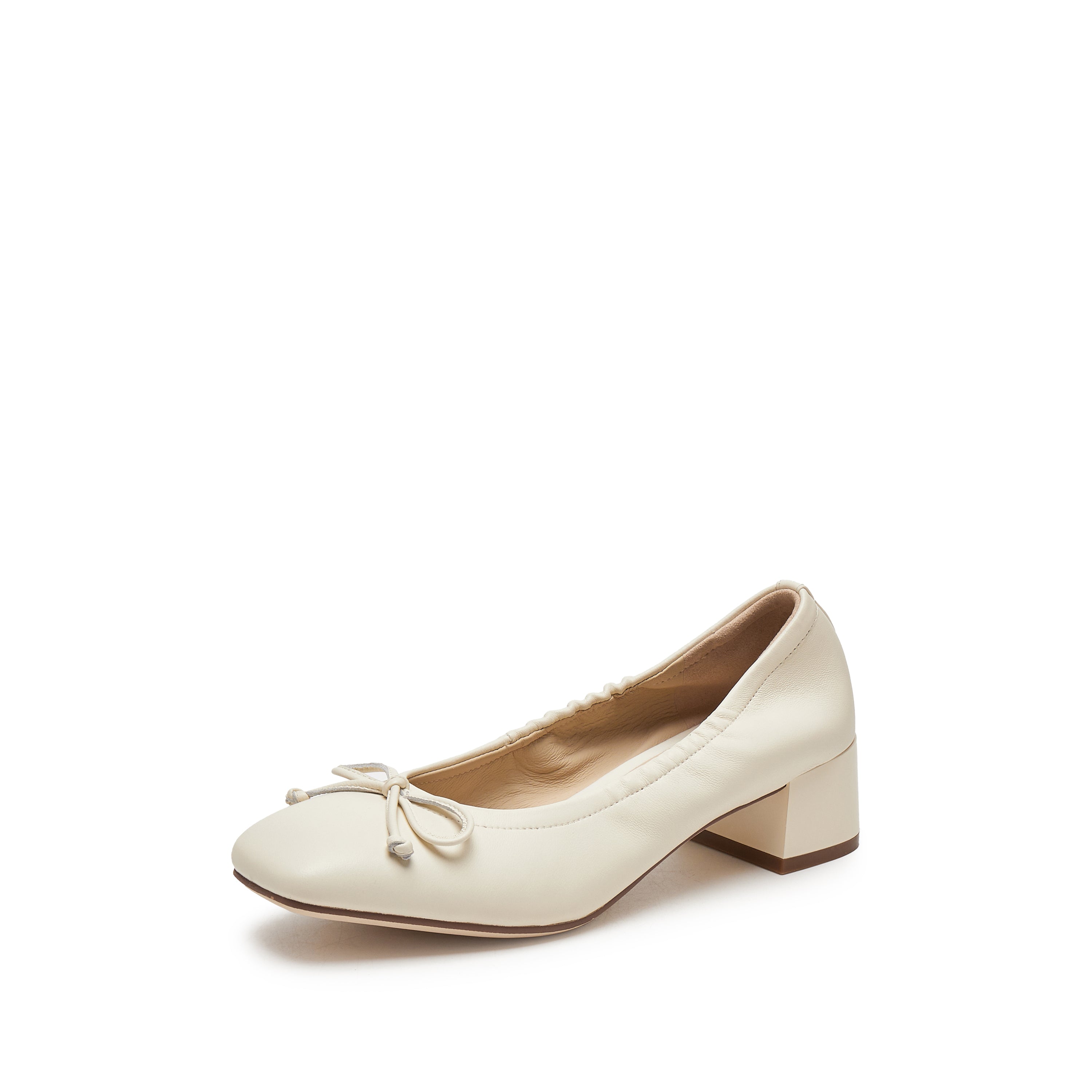 Beige Bow Leather Ballerina Pumps