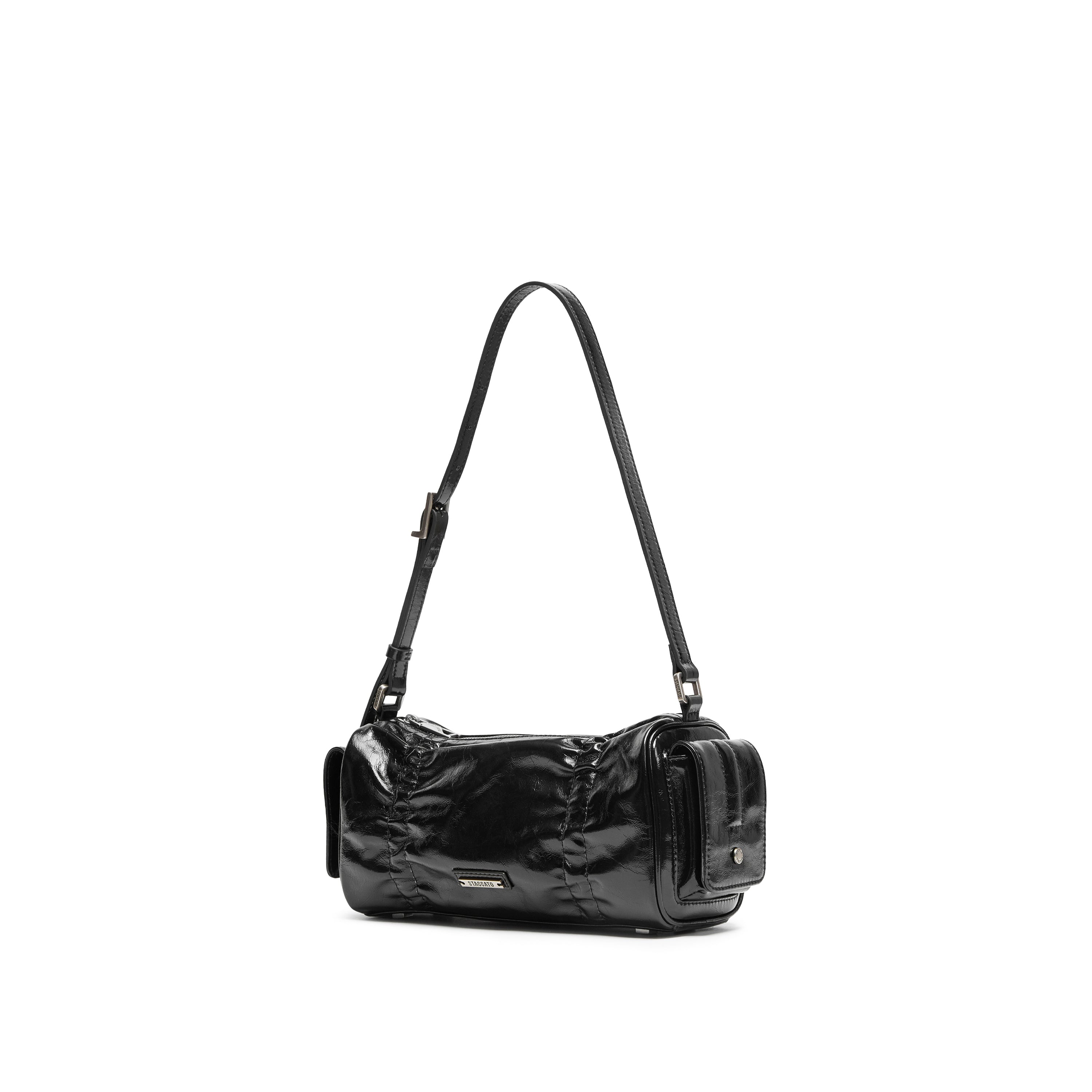 Black Waxy Leather Cylinder Shoulder Bag
