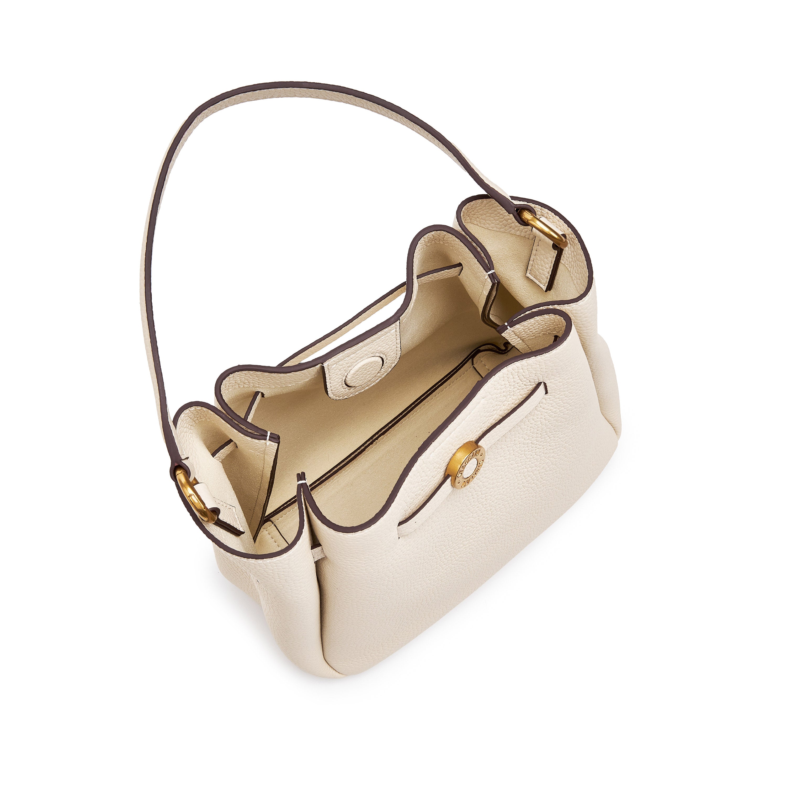Beige ST Gold Coin Bucket Crossbody Bag