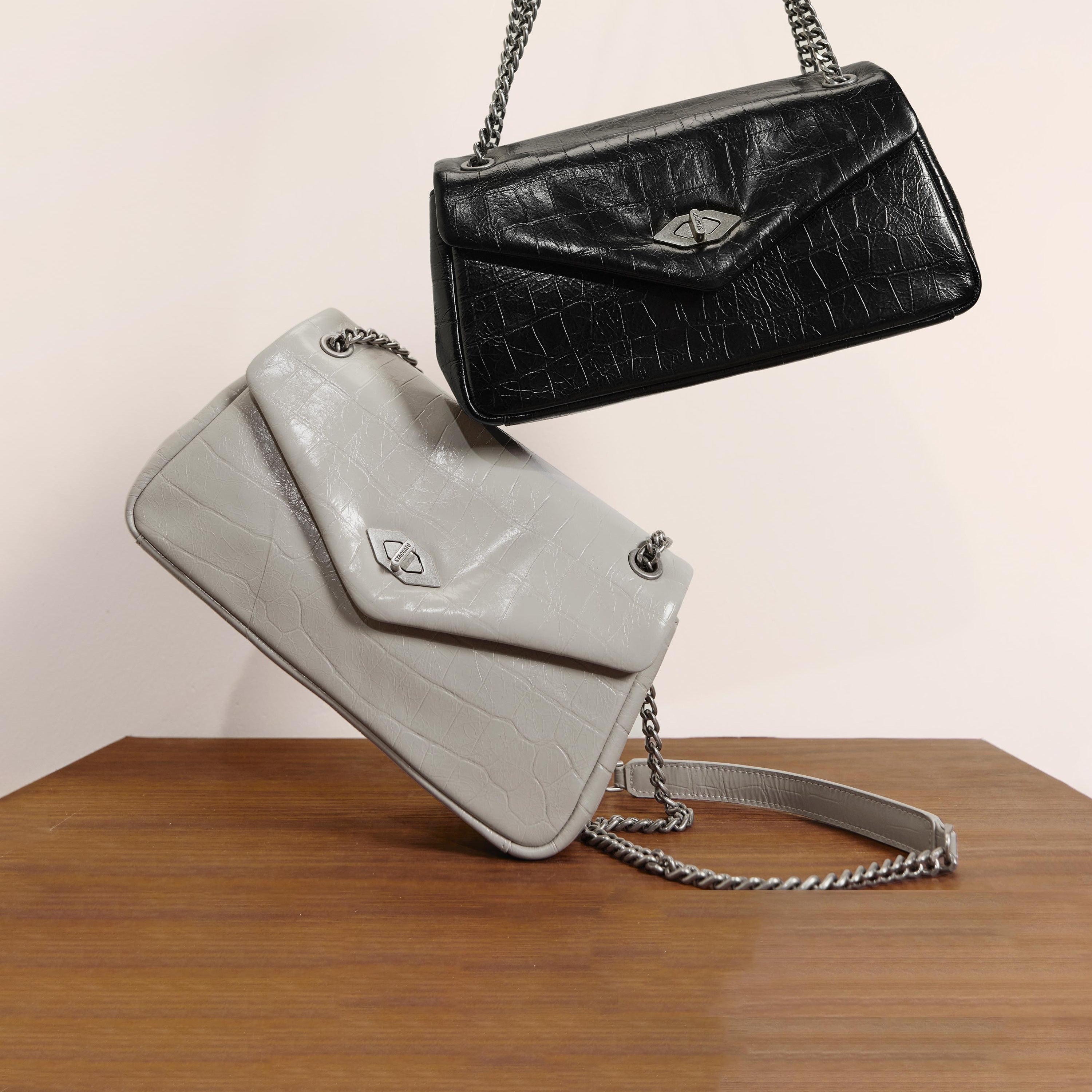 Grey Embossed Flap Crossbody Bags