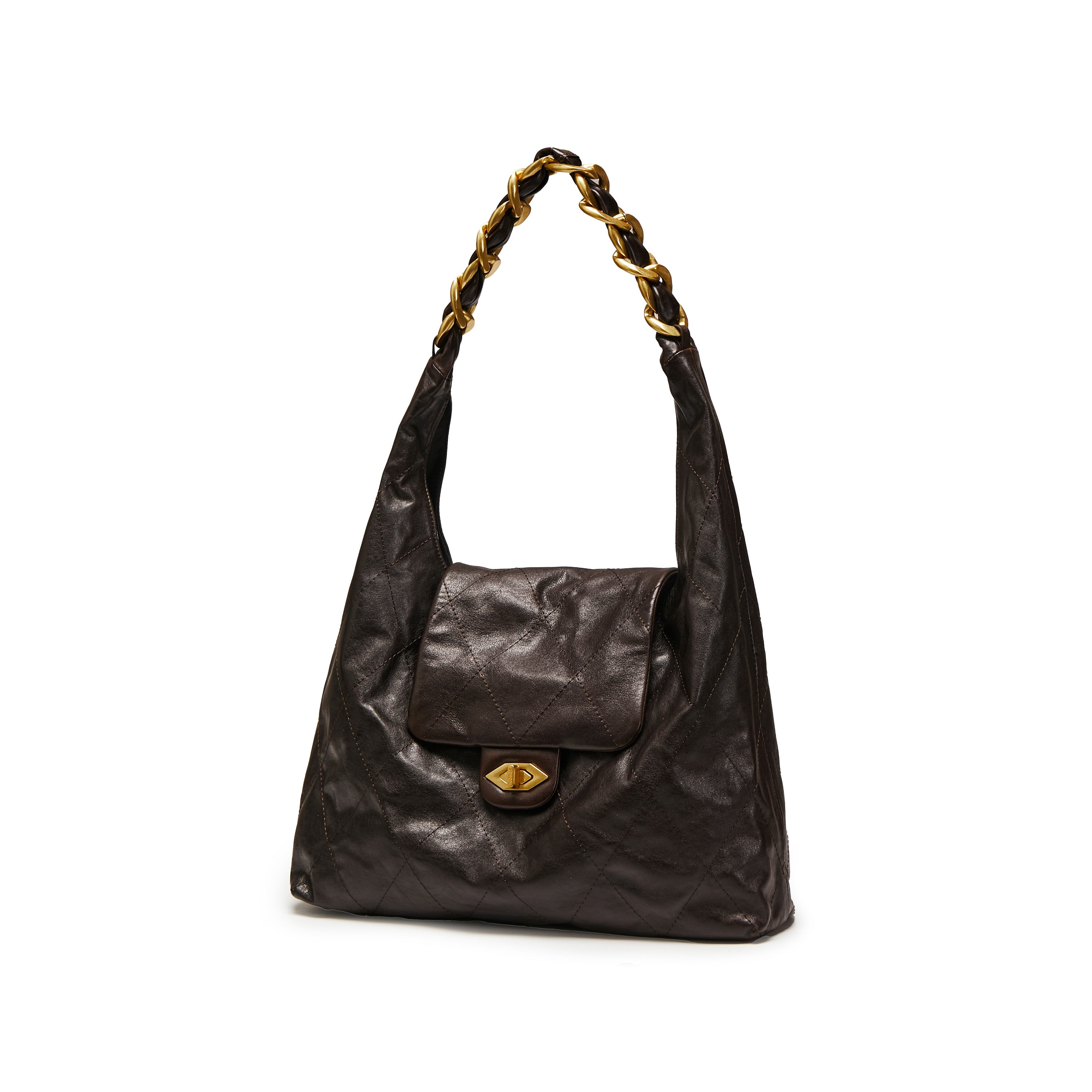 Dark Brown ST Chain Twist Lock Hobo Bags