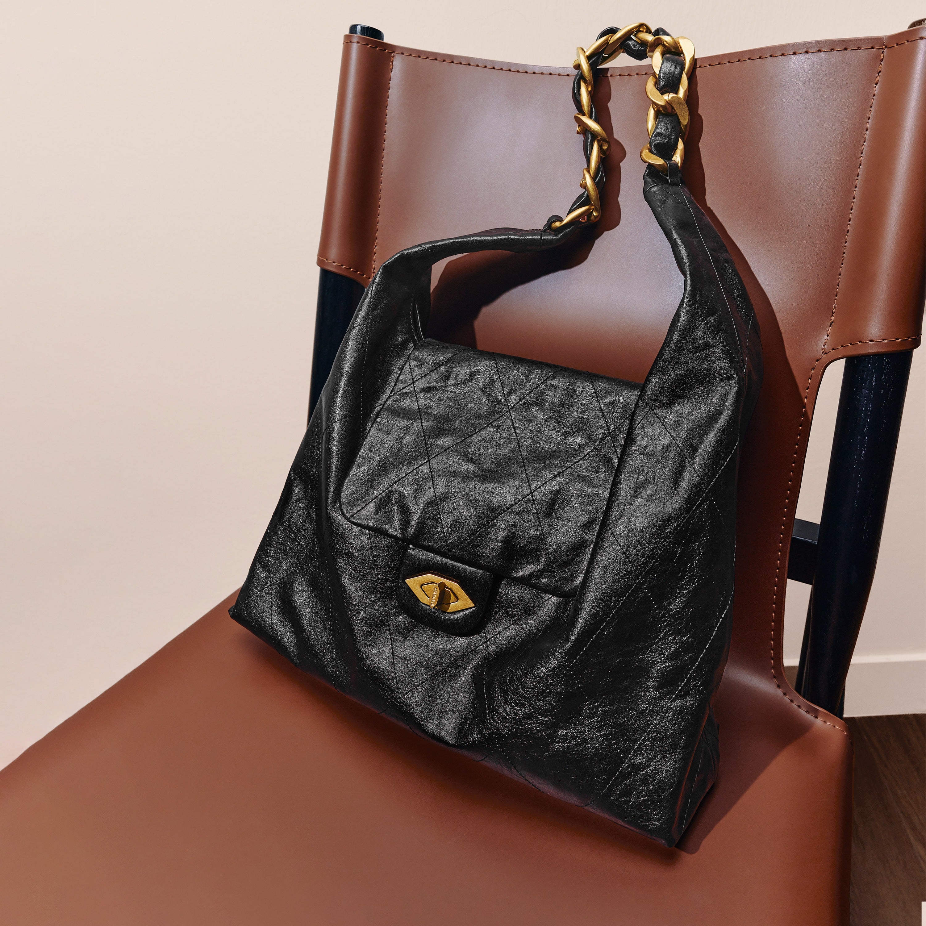 Dark Brown ST Chain Twist Lock Hobo Bags