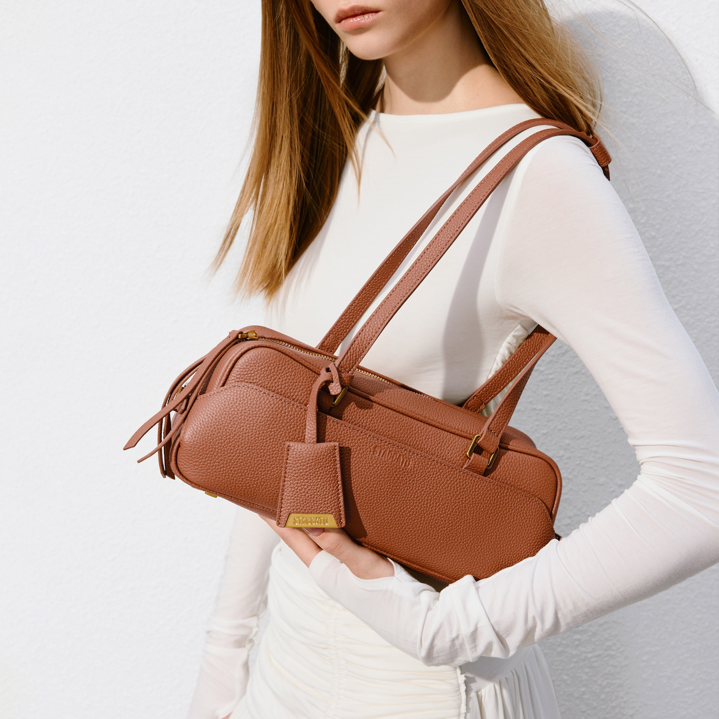 Taupe Minimal Leather Baguette Handbag