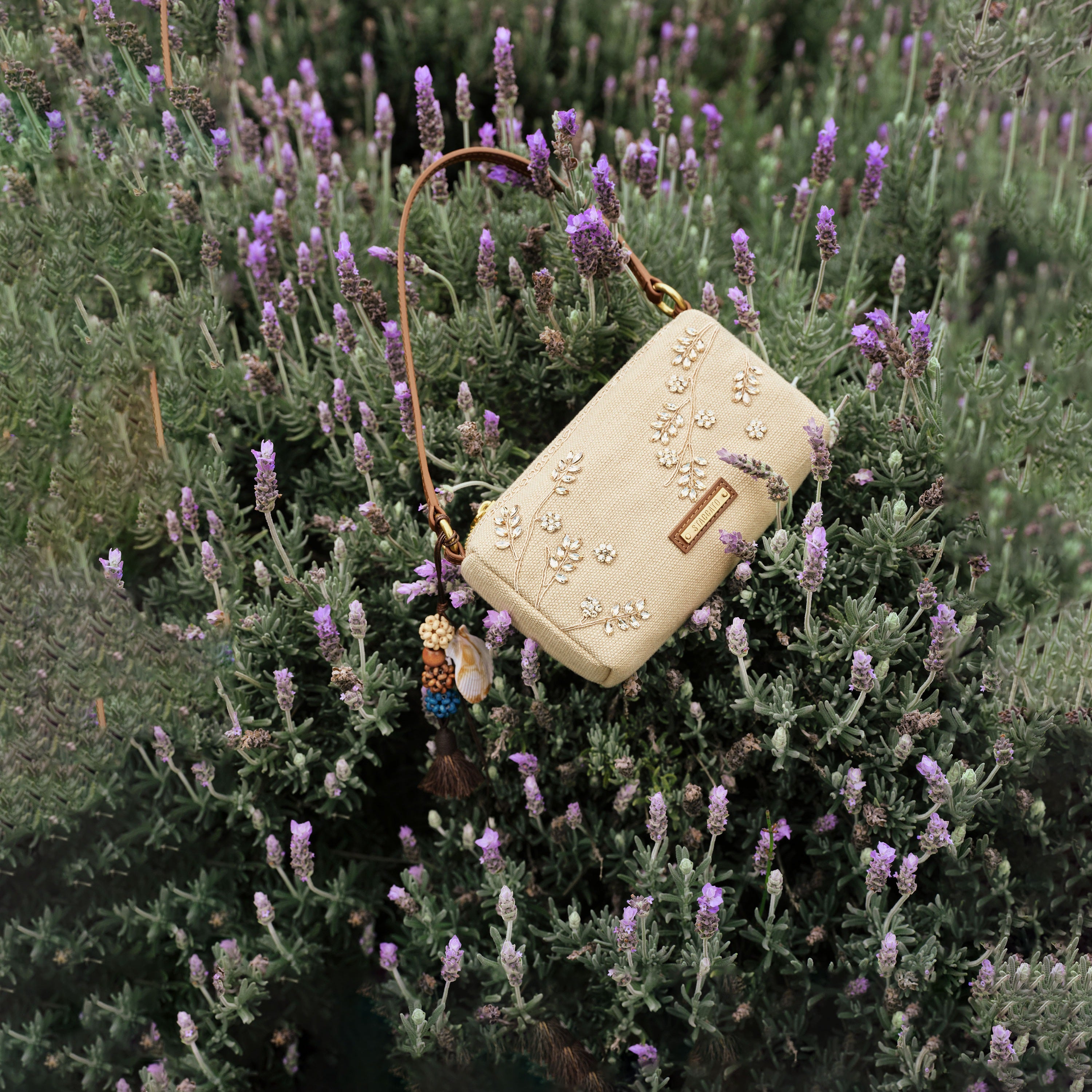 Taupe Crystal Floral Mini Handbag