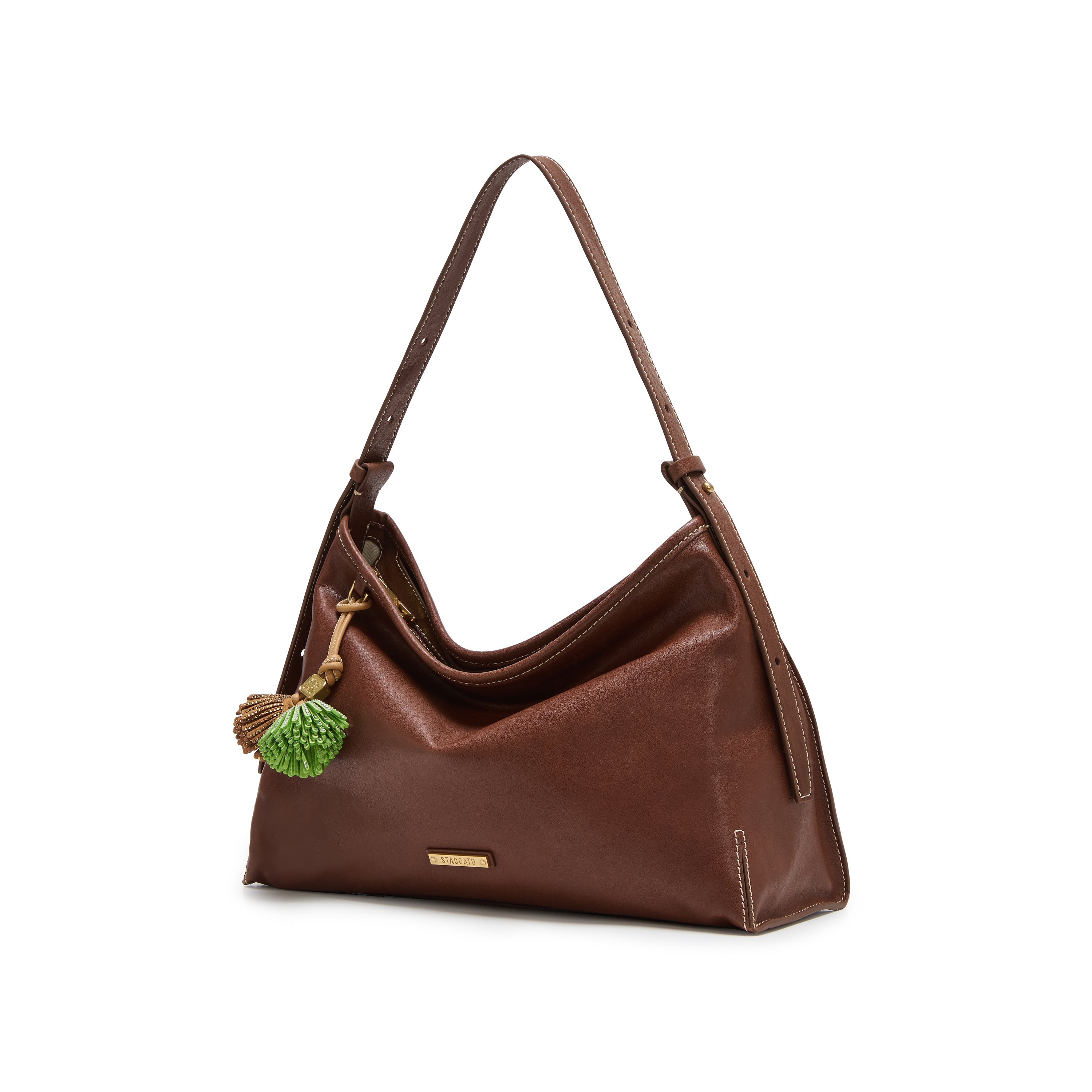 Tassel Charm Leather Slouchy Hobo Bag