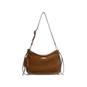 Brown Suede Woven-Trim Hobo Bag with Tassel Accent