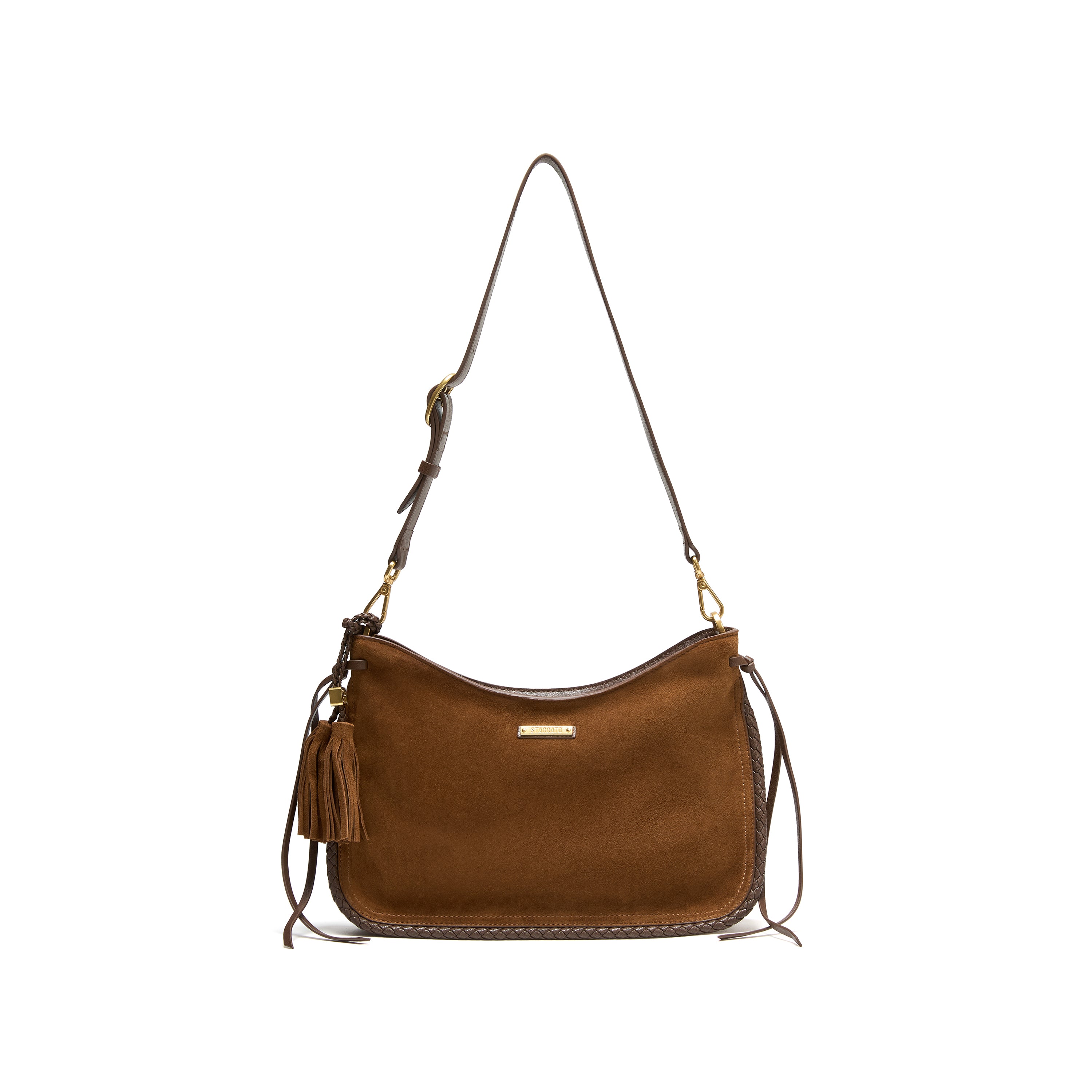 Brown Suede Woven-Trim Hobo Bag with Tassel Accent