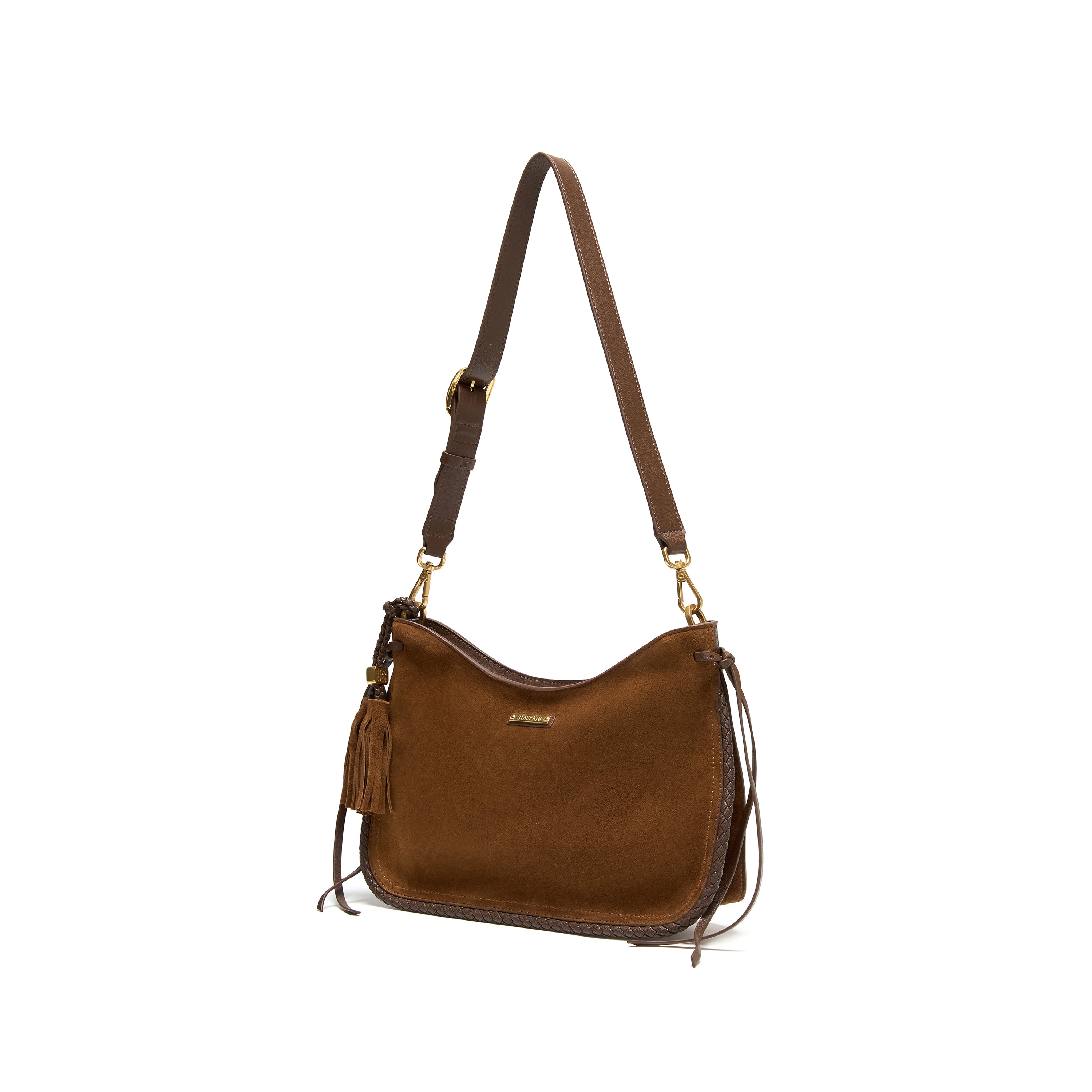 Brown Suede Woven-Trim Hobo Bag with Tassel Accent