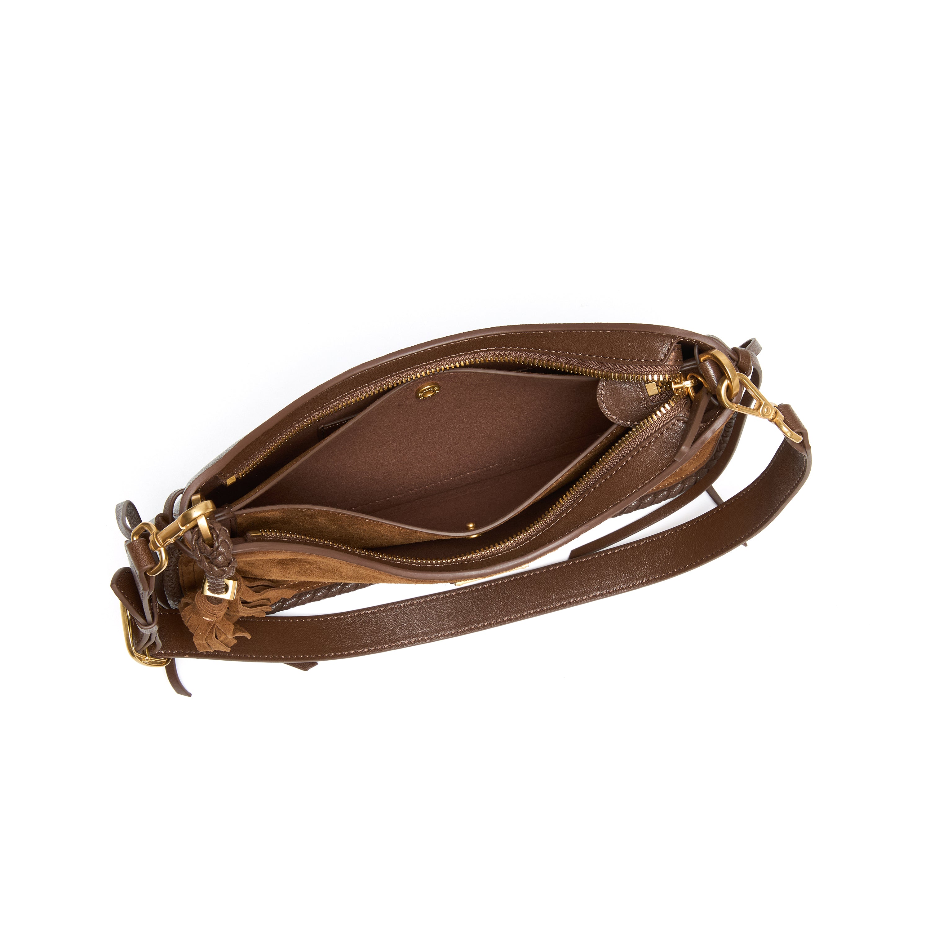 Brown Suede Woven-Trim Hobo Bag with Tassel Accent
