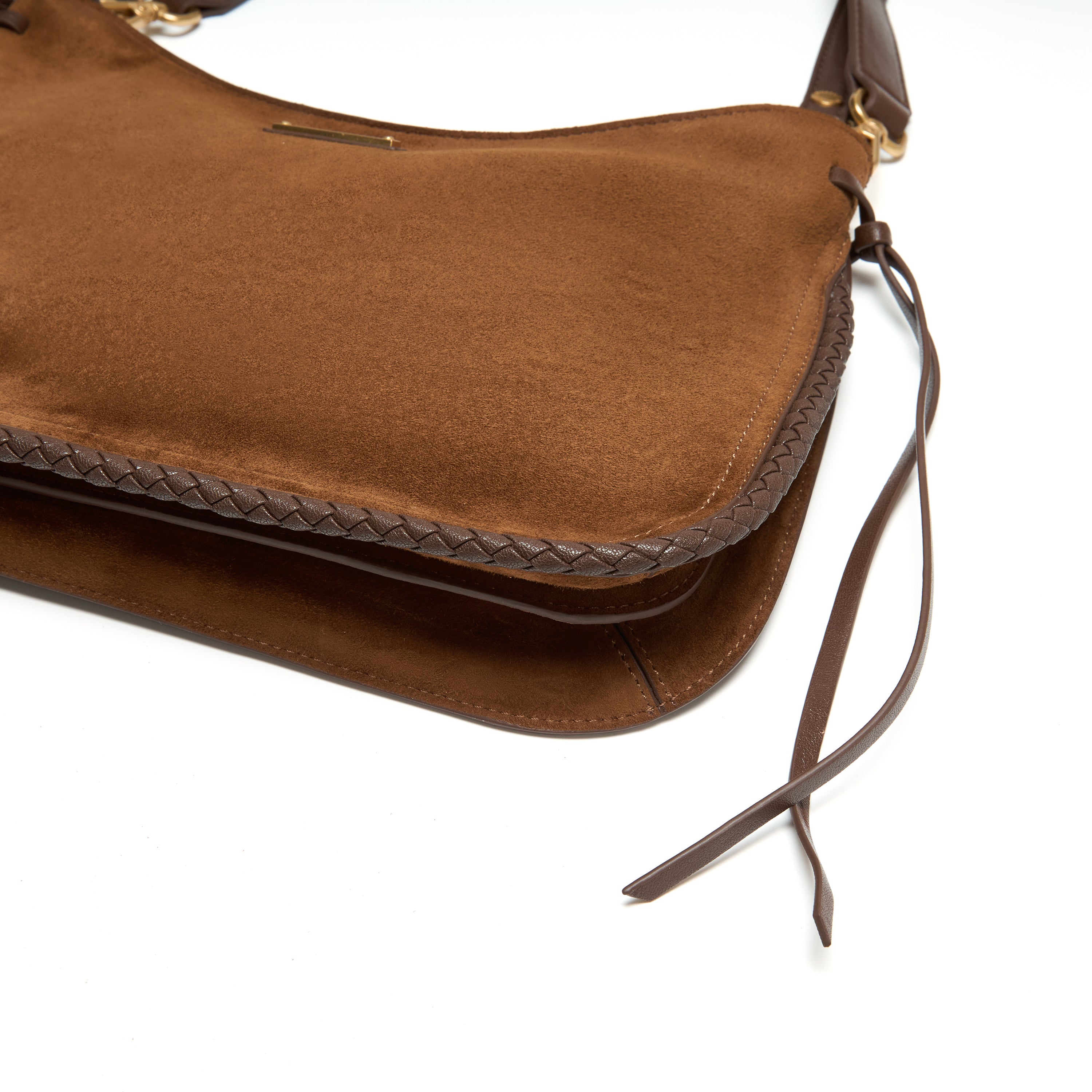 Brown Suede Woven-Trim Hobo Bag with Tassel Accent