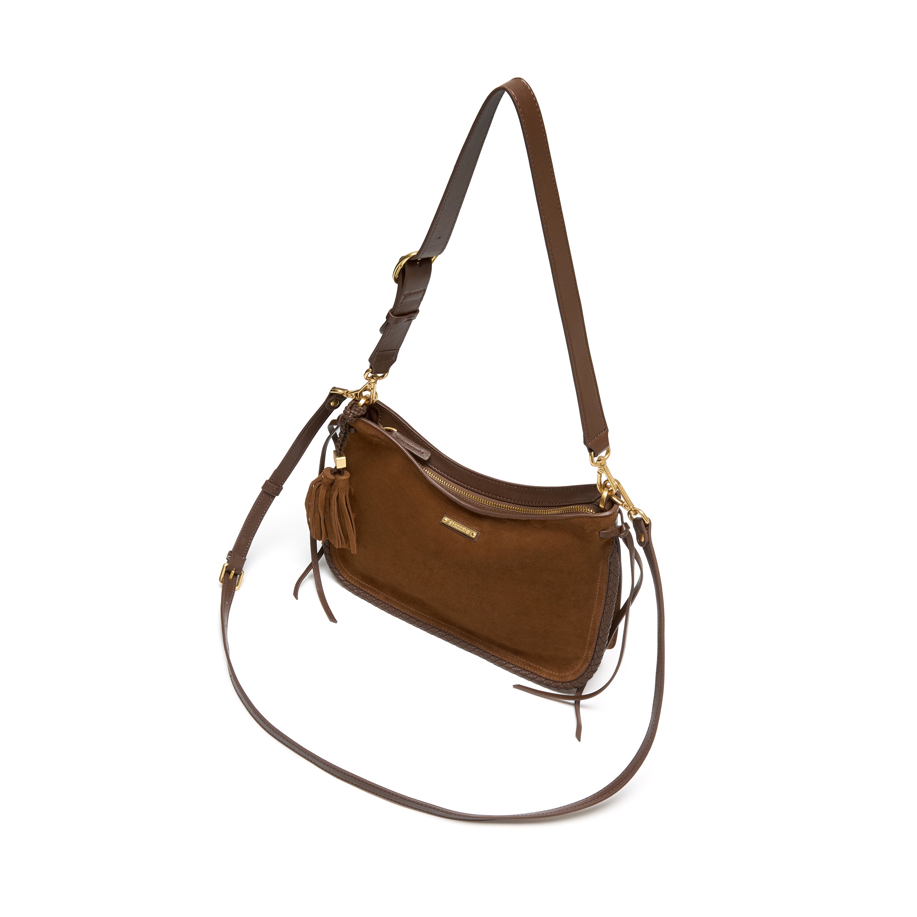 Brown Suede Woven-Trim Hobo Bag with Tassel Accent