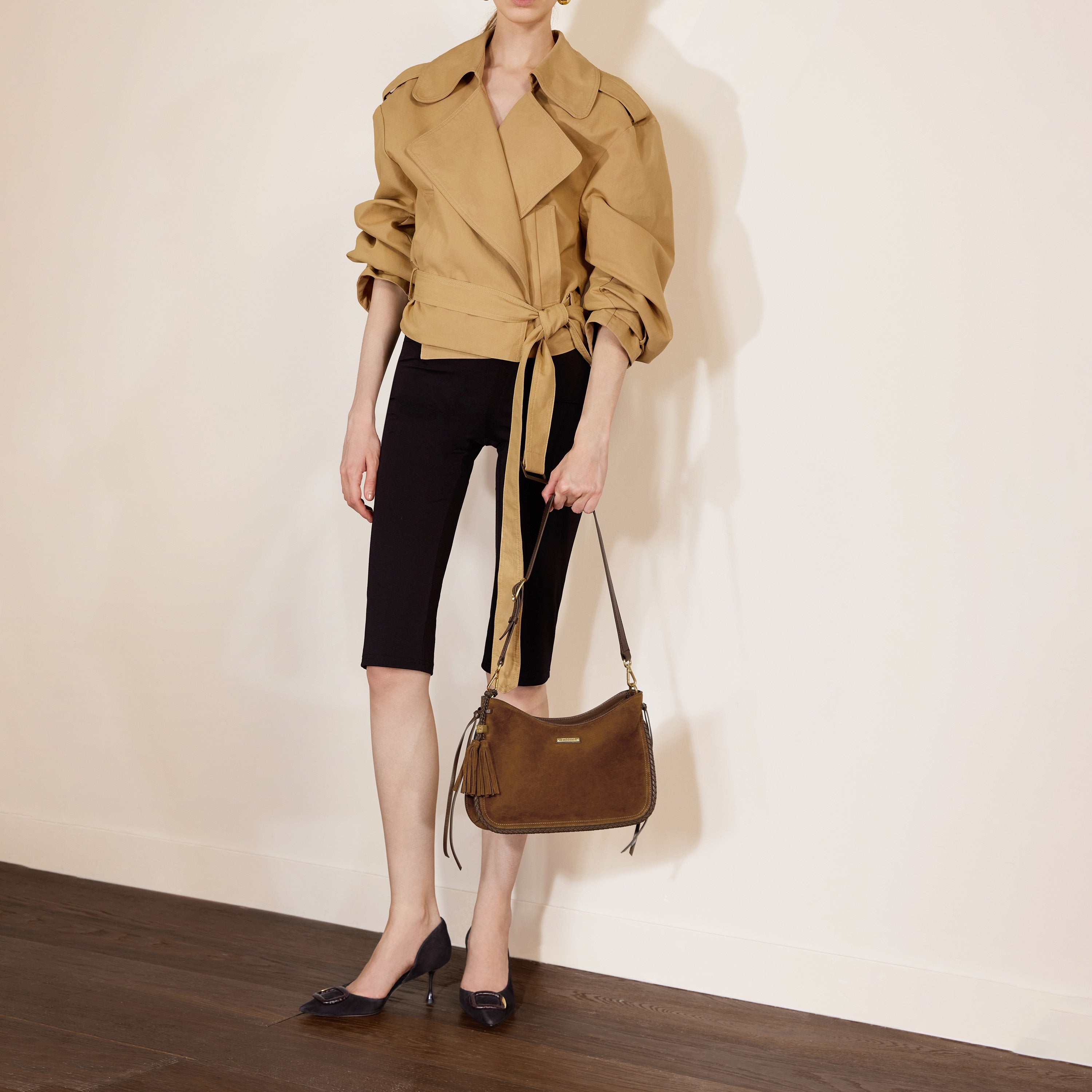 Brown Suede Woven-Trim Hobo Bag with Tassel Accent