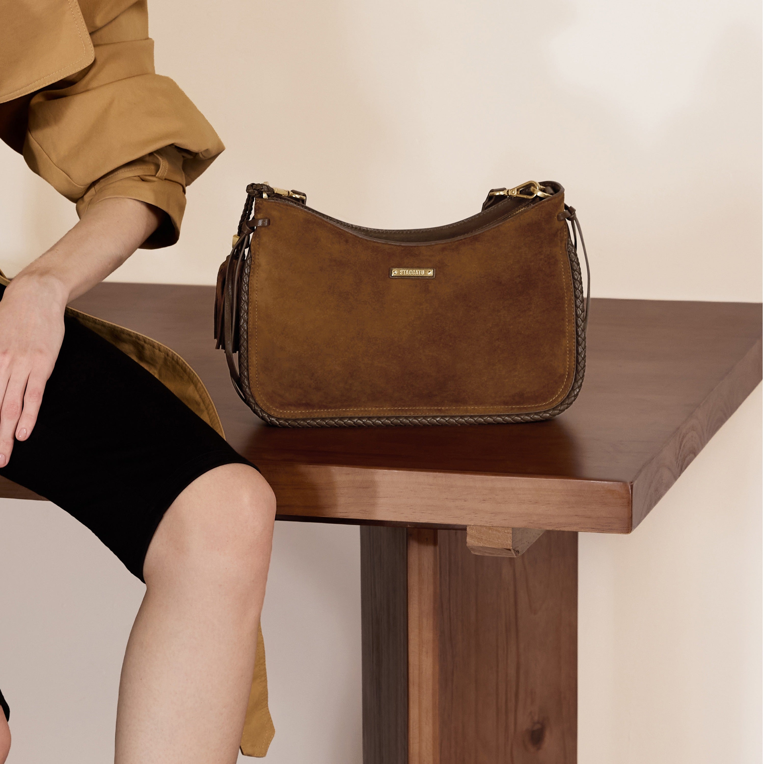 Brown Suede Woven-Trim Hobo Bag with Tassel Accent