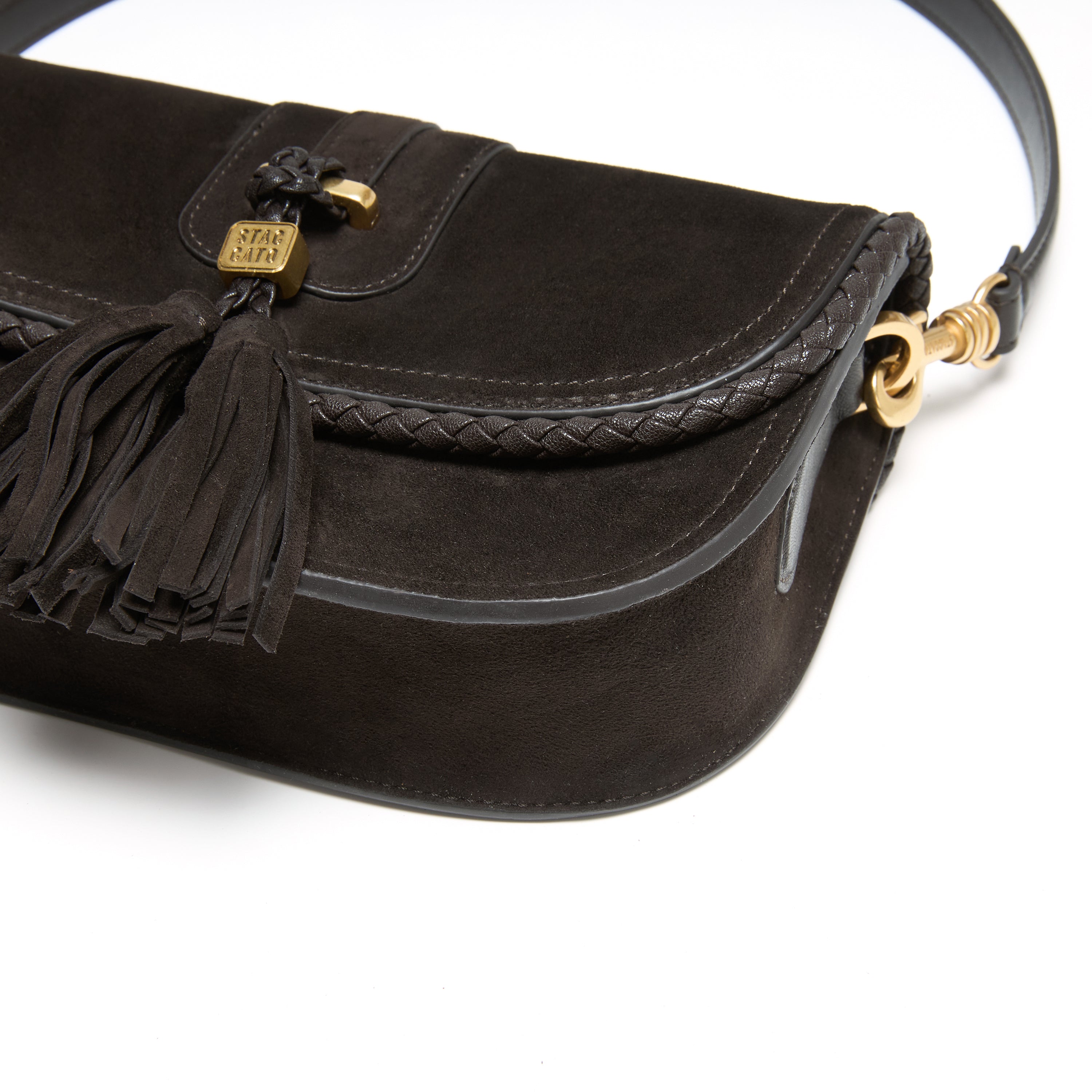 Dark Brown Suede Braided Tassel Flap Saddle Bag