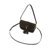 Dark Brown Suede Braided Tassel Flap Saddle Bag