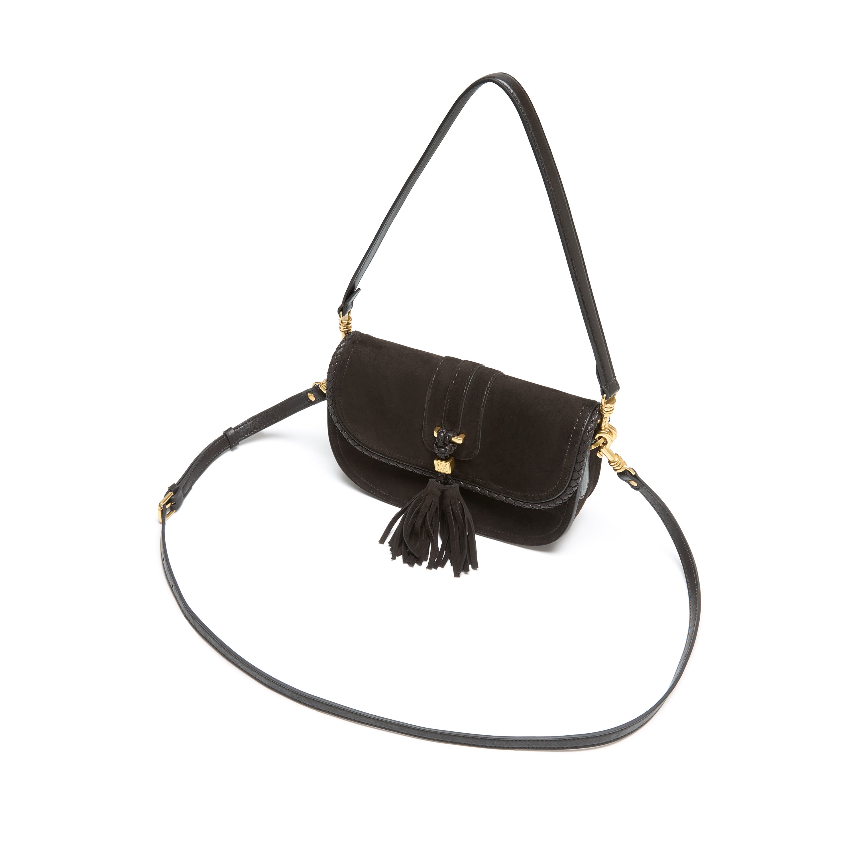 Dark Brown Suede Braided Tassel Flap Saddle Bag