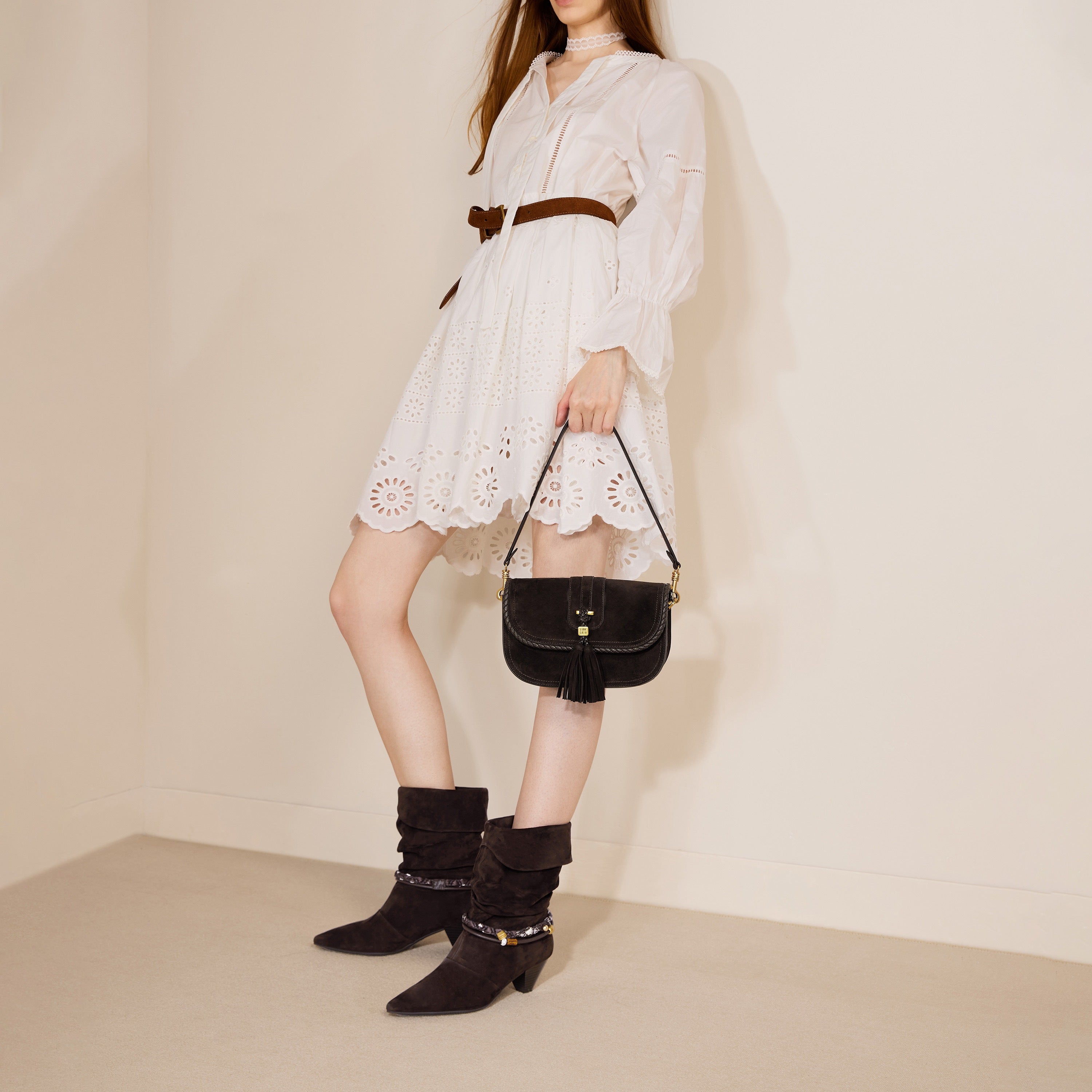 Dark Brown Suede Braided Tassel Flap Saddle Bag