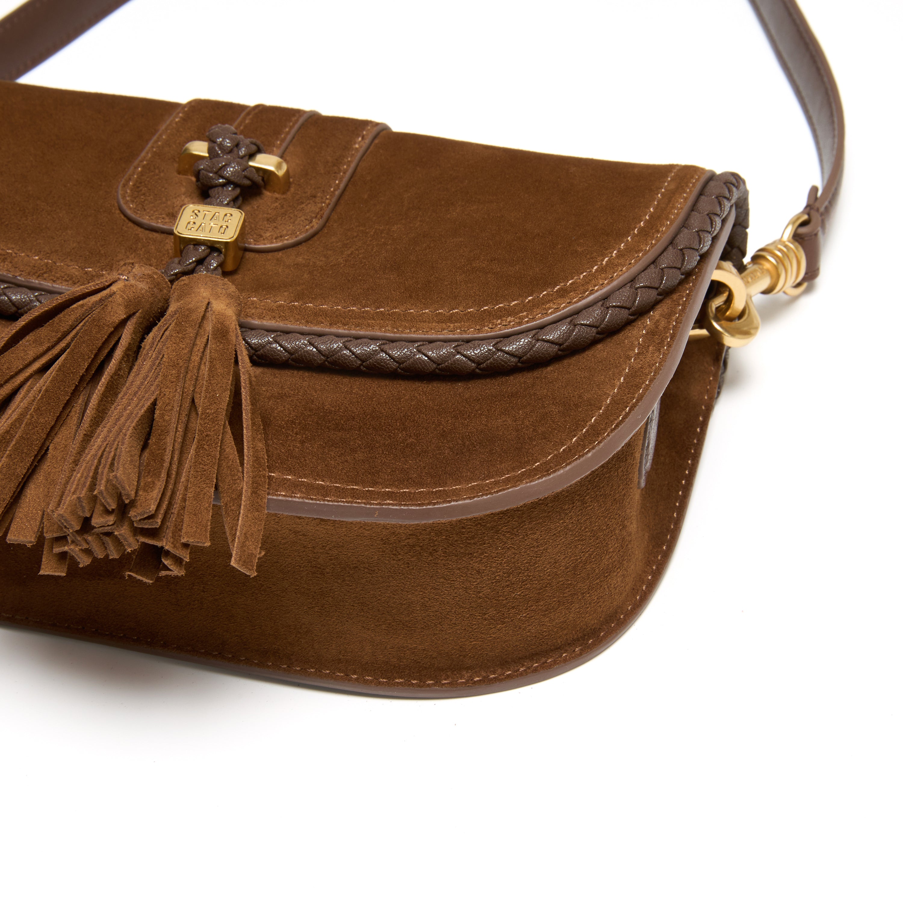 Brown Suede Braided Tassel Flap Saddle Bag