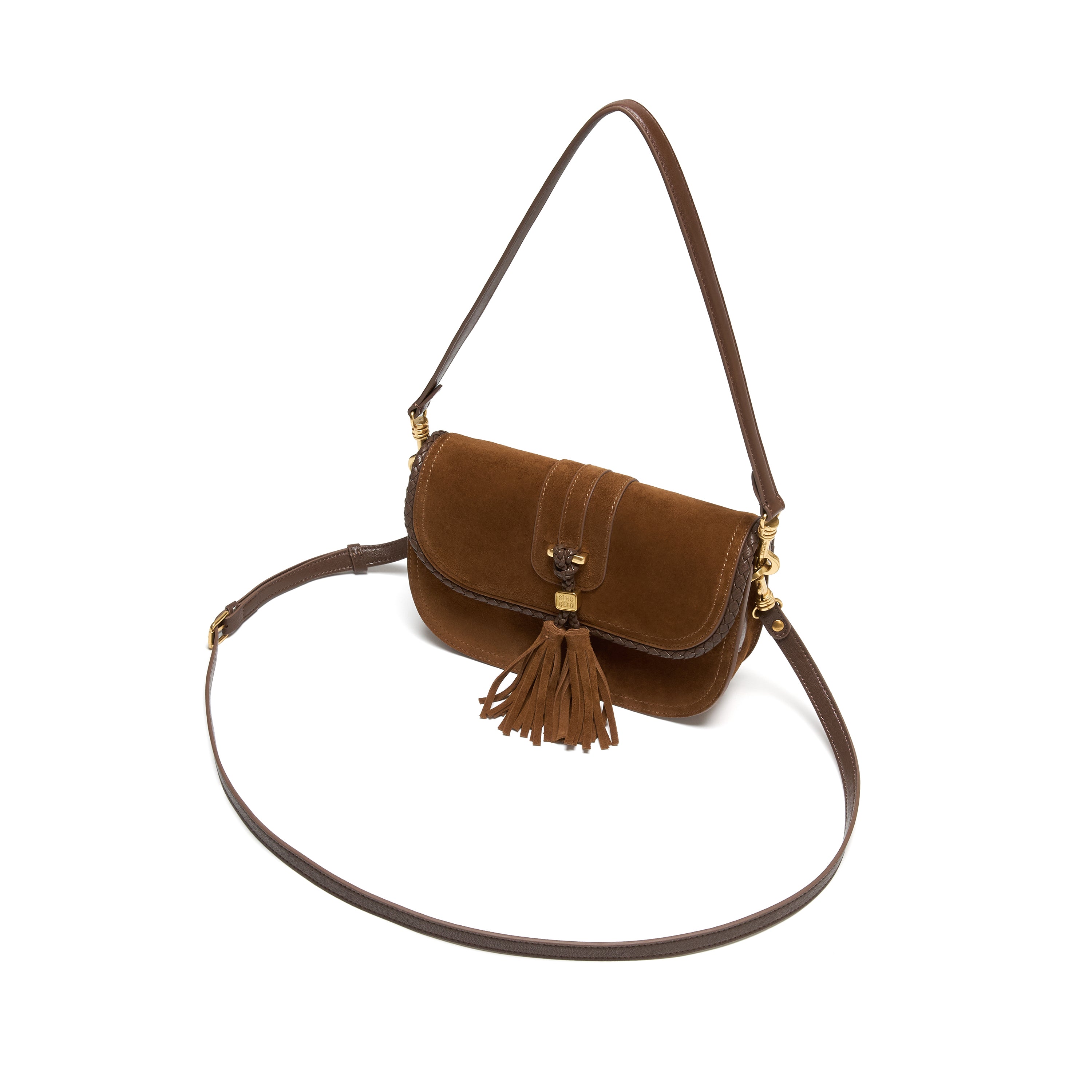 Brown Suede Braided Tassel Flap Saddle Bag