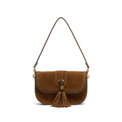 Brown Suede Braided Tassel Flap Saddle Bag