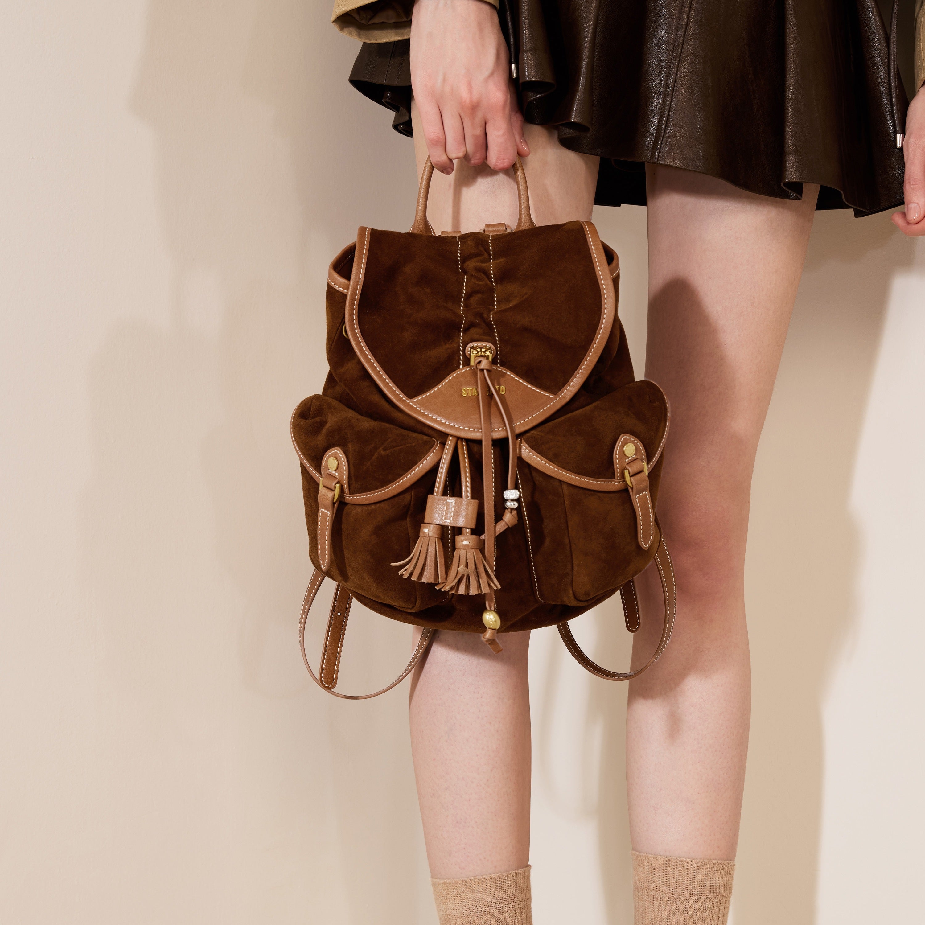 Suede Drawstring Tassel Pocket Backpack
